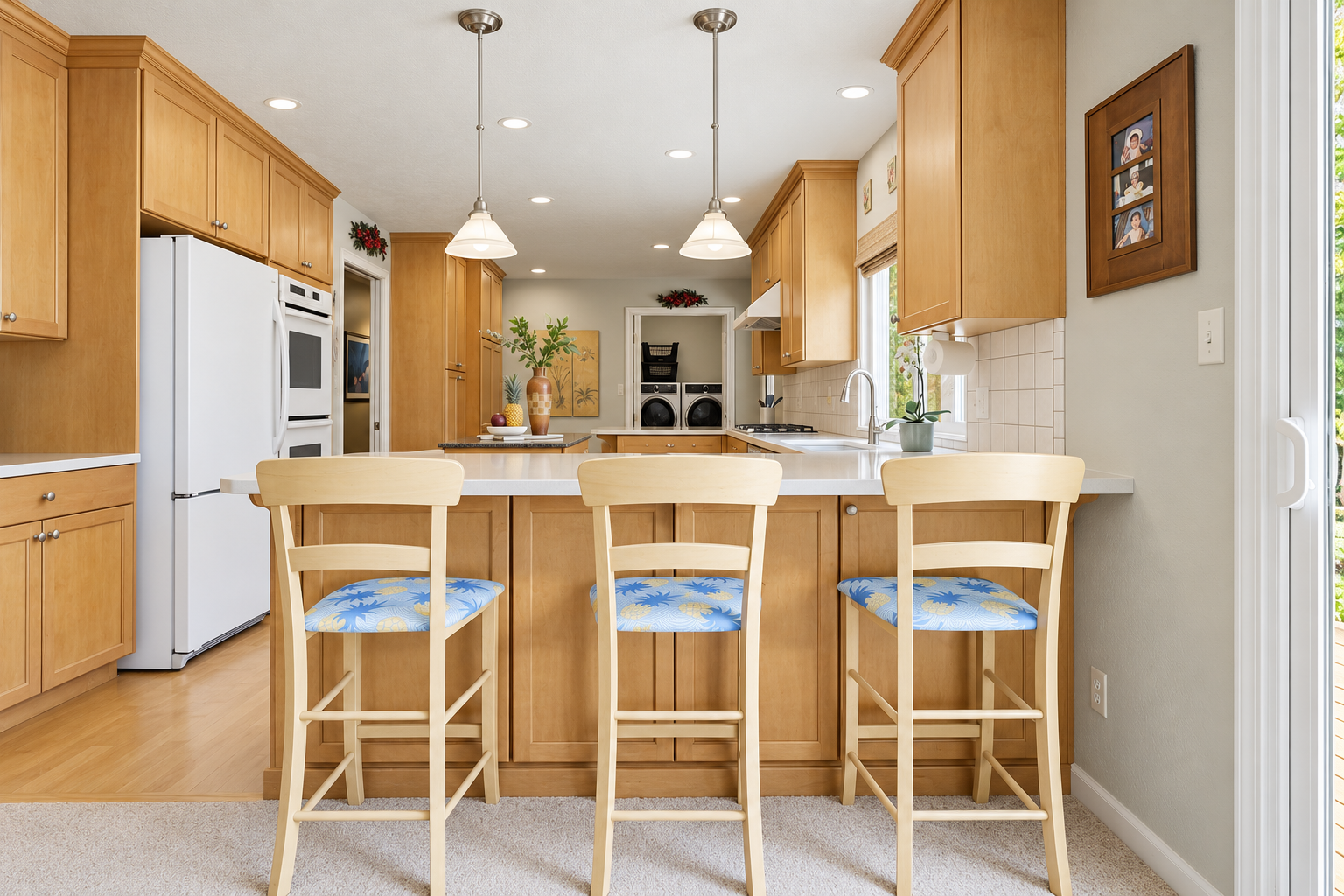 A kitchen with wooden cabinets, white countertops, a white refrigerator, and three bar stools with blue seats under pendant lights.