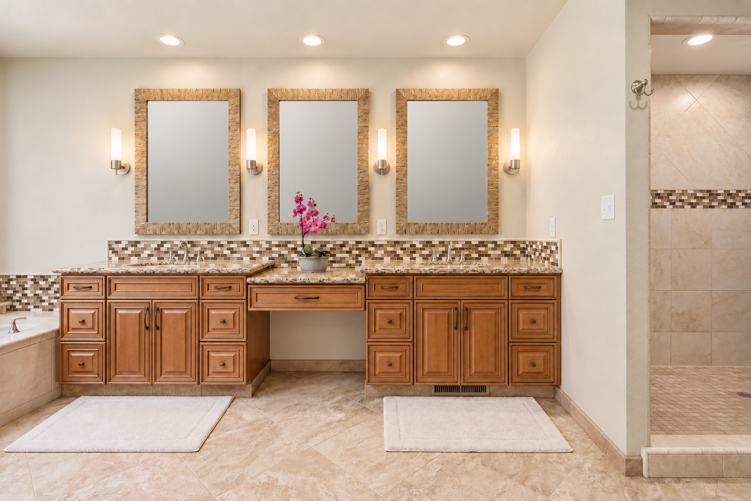 A bathroom with a double vanity, three mirrors, and a shower on the right. The vanity has wooden cabinets, a marble countertop, and a decorative tile backsplash. A pink orchid plant is on the center of the vanity, and two white rugs are on the tiled 