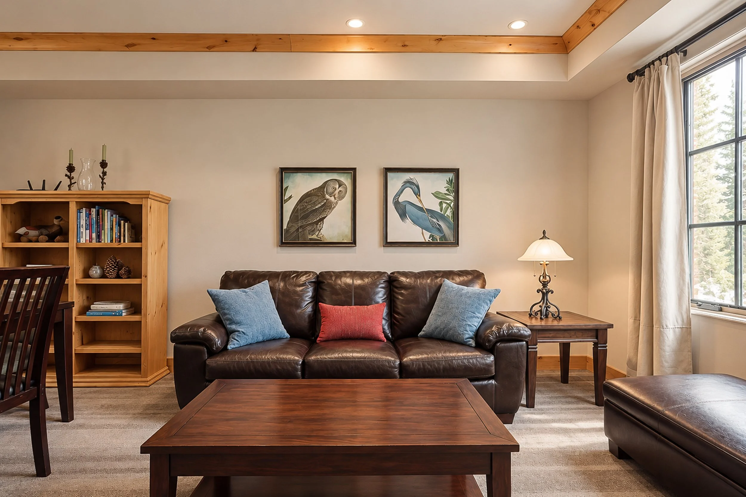 Living room with a brown leather sofa, blue and red throw pillows, wooden coffee table, a wooden bookshelf with books and decorative items, framed bird pictures on the wall, a window with curtains, and a table lamp.