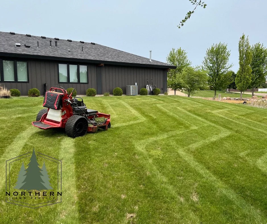 Lawn mowing service St Cloud MN riding mower striped lawn Northern Lawn Service