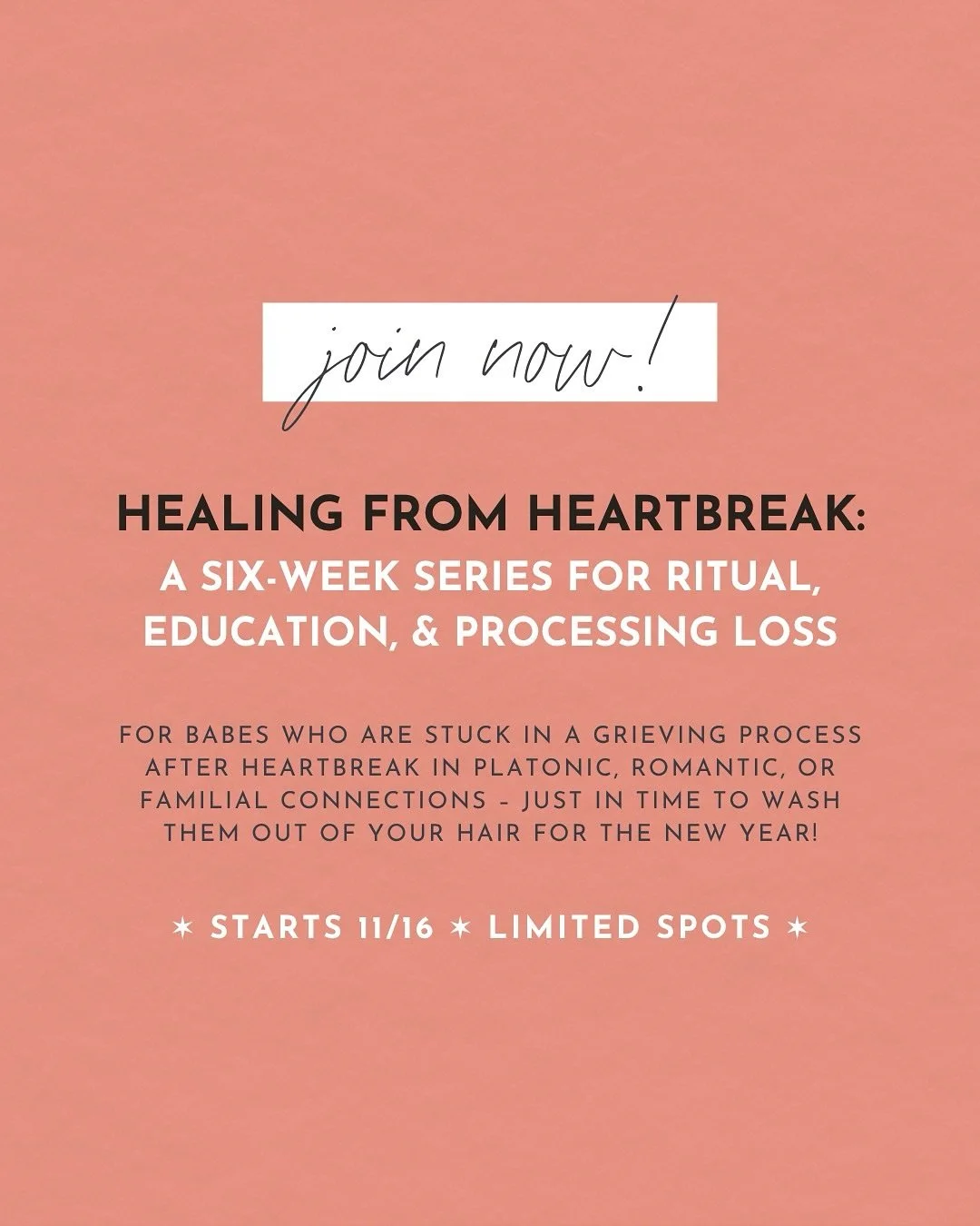 Words cannot describe how excited I am to run another Healing From Heartbreak series this fall. 🤩 Launched just last year, Healing From Heartbreak turned out to be my favorite group to run: tender, transformative, and witchy to boot!

If you&rsquo;r