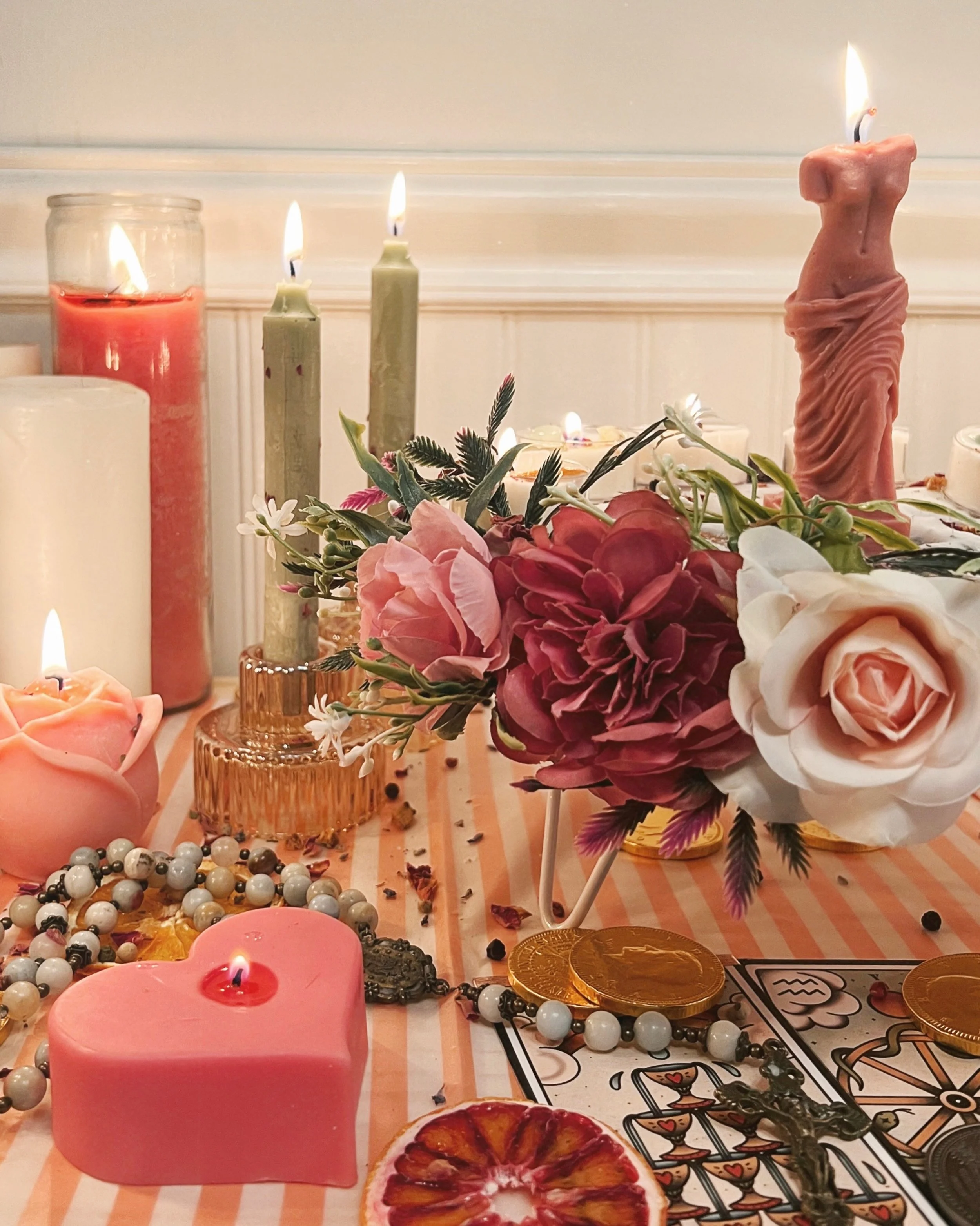 Happy New Moon in Taurus (tomorrow)! This is undoubtedly my favorite lunation. Last year (pictured), I had a very dedicated altar for Aphrodite and prayed for her blessings. This year, I feel much more solid in Venus&rsquo; offerings; I can feel in m