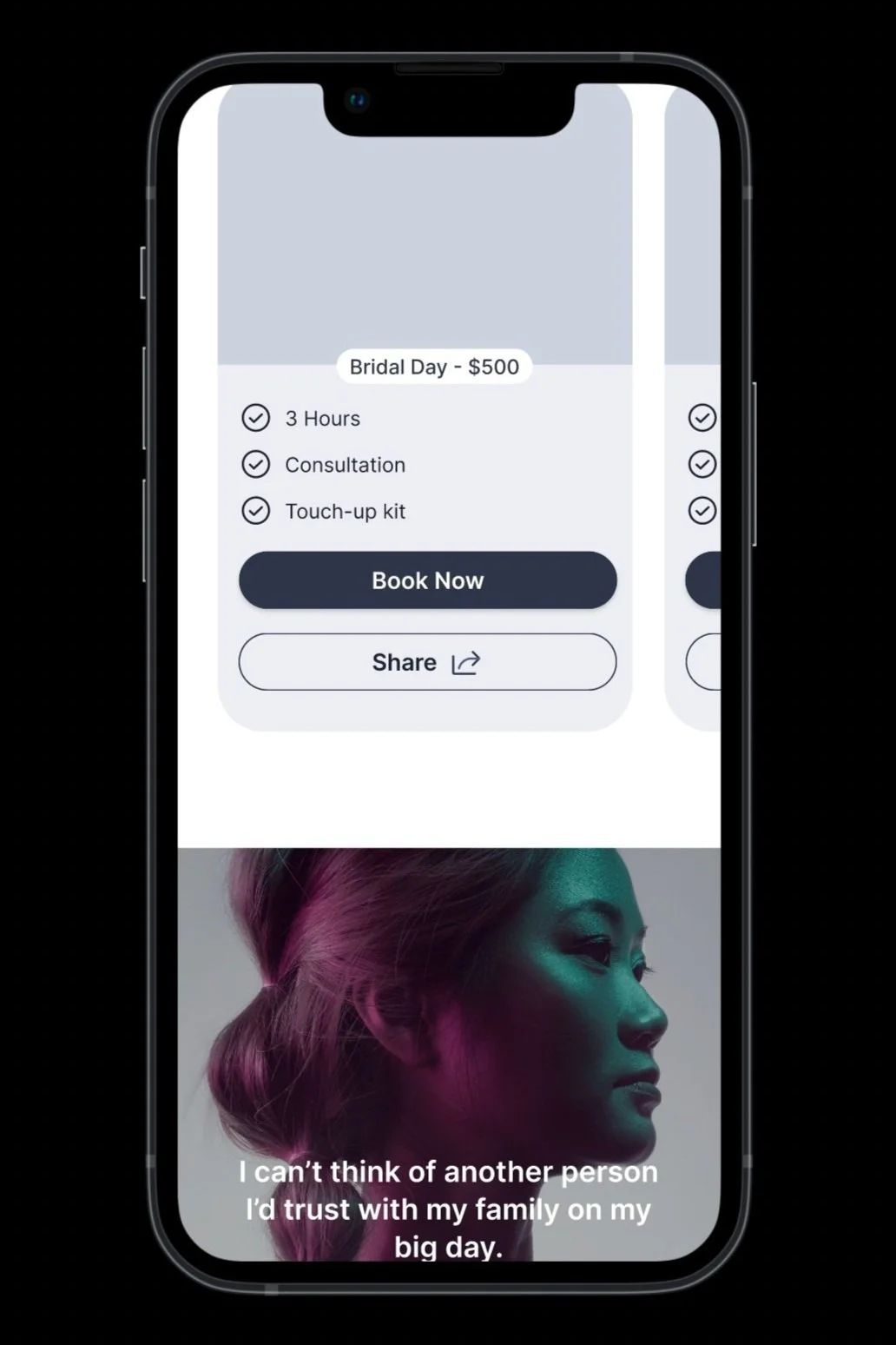 A smartphone screen showing a skincare or beauty service booking app for a Bridal Day package priced at $500, including options like 3 hours, consultation, and touch-up kit, with buttons to book now and share. The lower part displays a woman with styled hair and makeup, with a quote about trusting family on her big day.