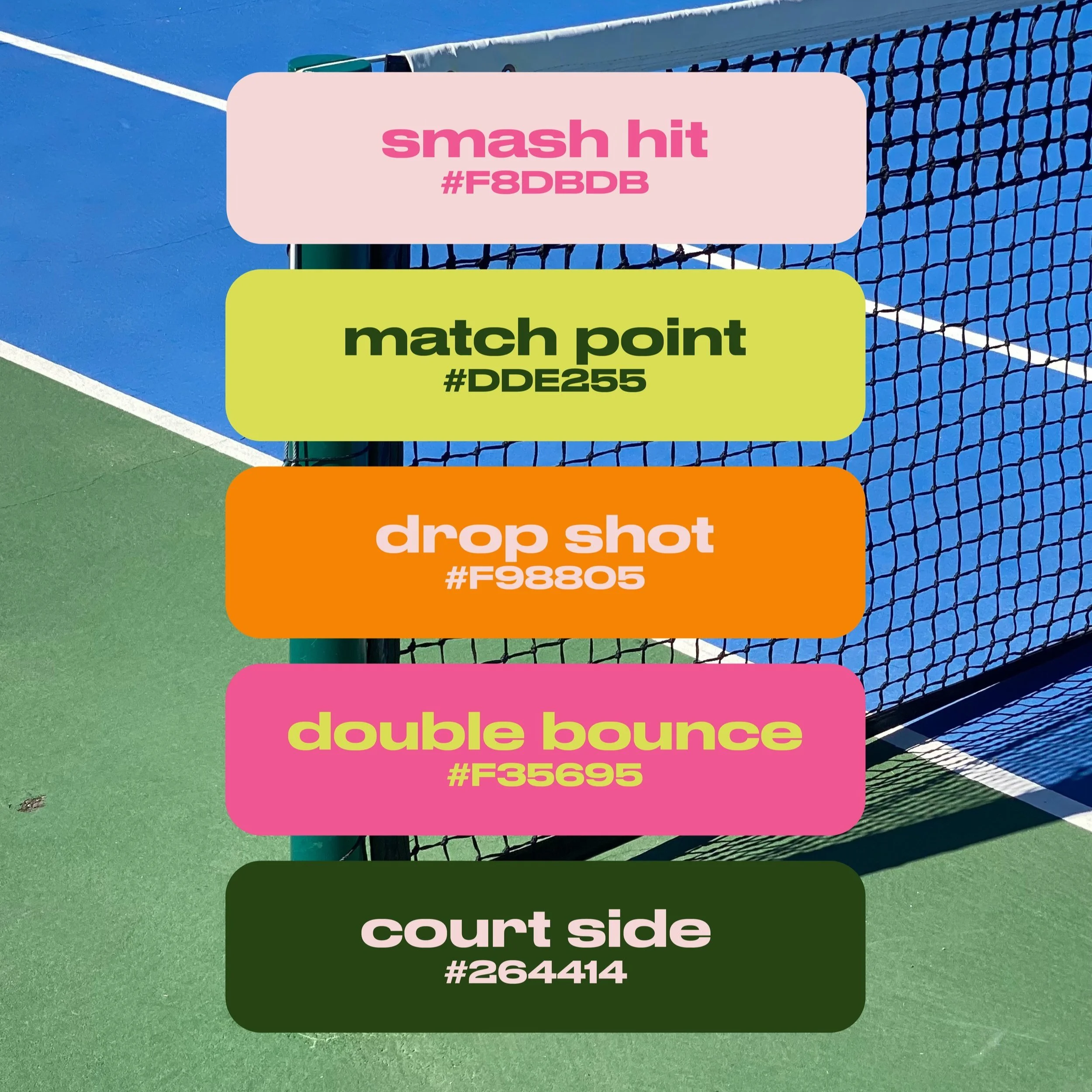 Colorful overlay text on tennis court background with game terms and hex codes: smash hit, match point, drop shot, double bounce, court side.