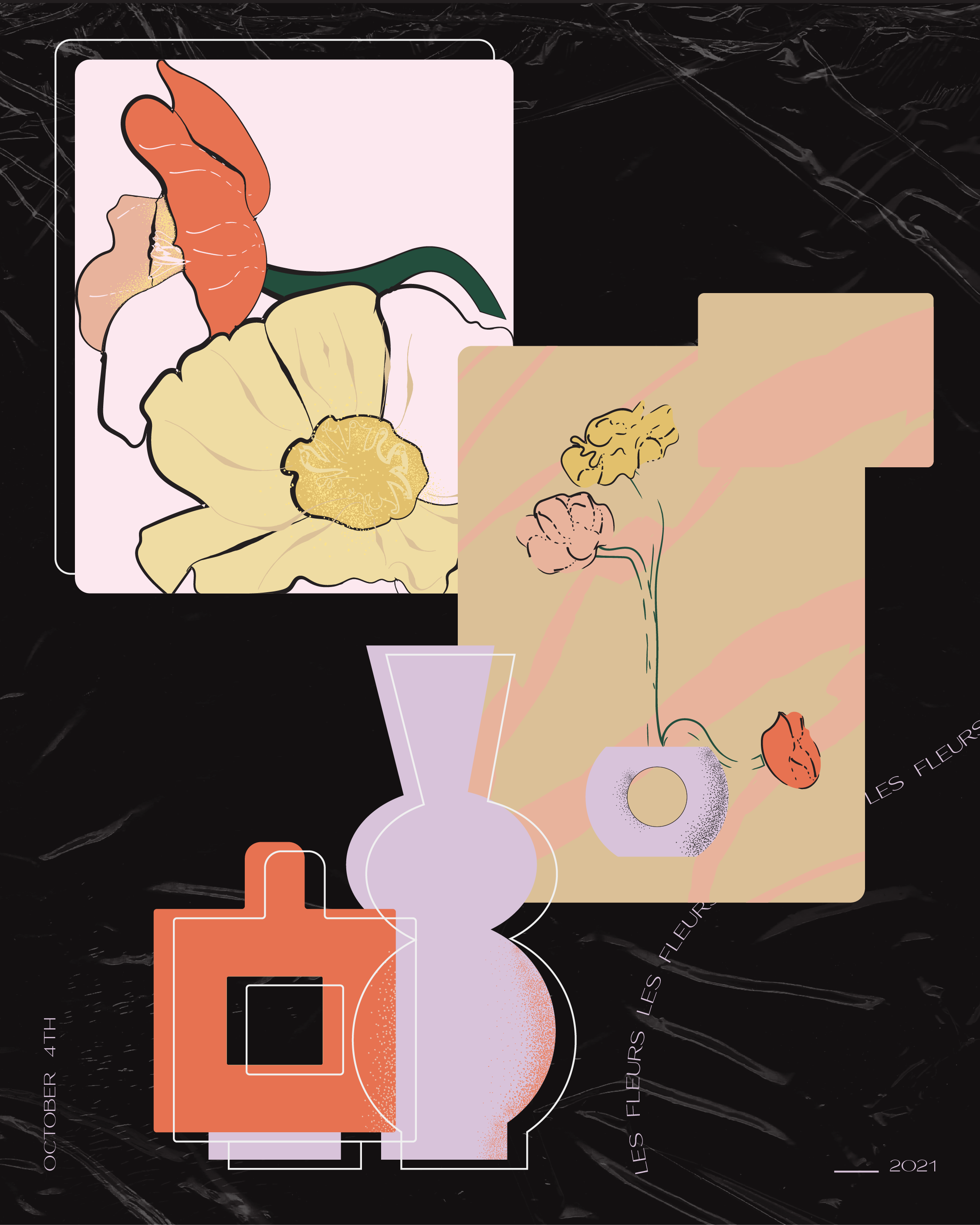 Abstract illustration featuring stylized flowers in pastel colors inside geometric vases on a black marble background. Includes overlapping rectangular and square frames, with text indicating October 4th and 2021.
