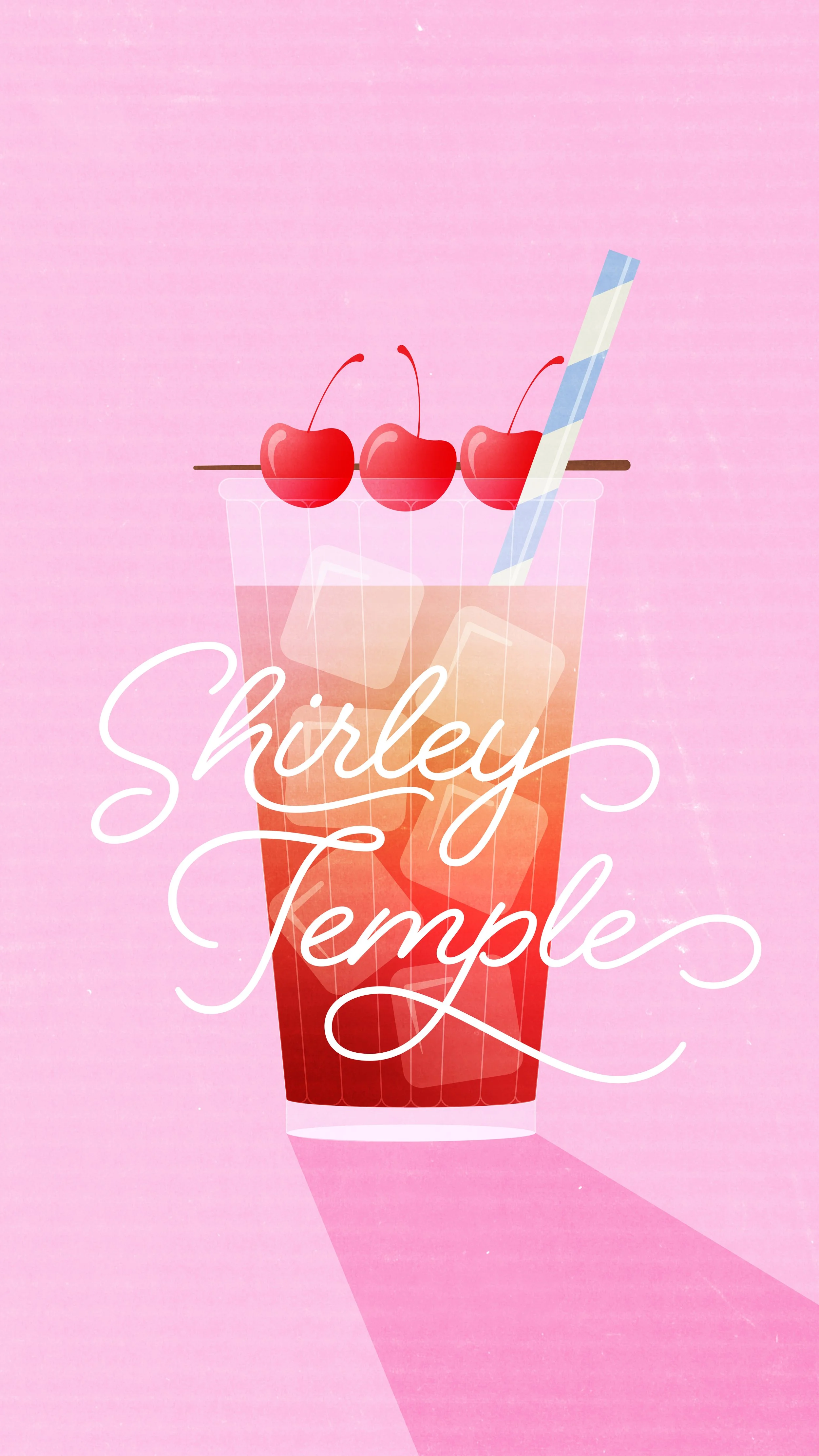 A colorful digital illustration of a Shirley Temple drink with ice, a striped straw, and cherries topping the glass, set against a pink background.