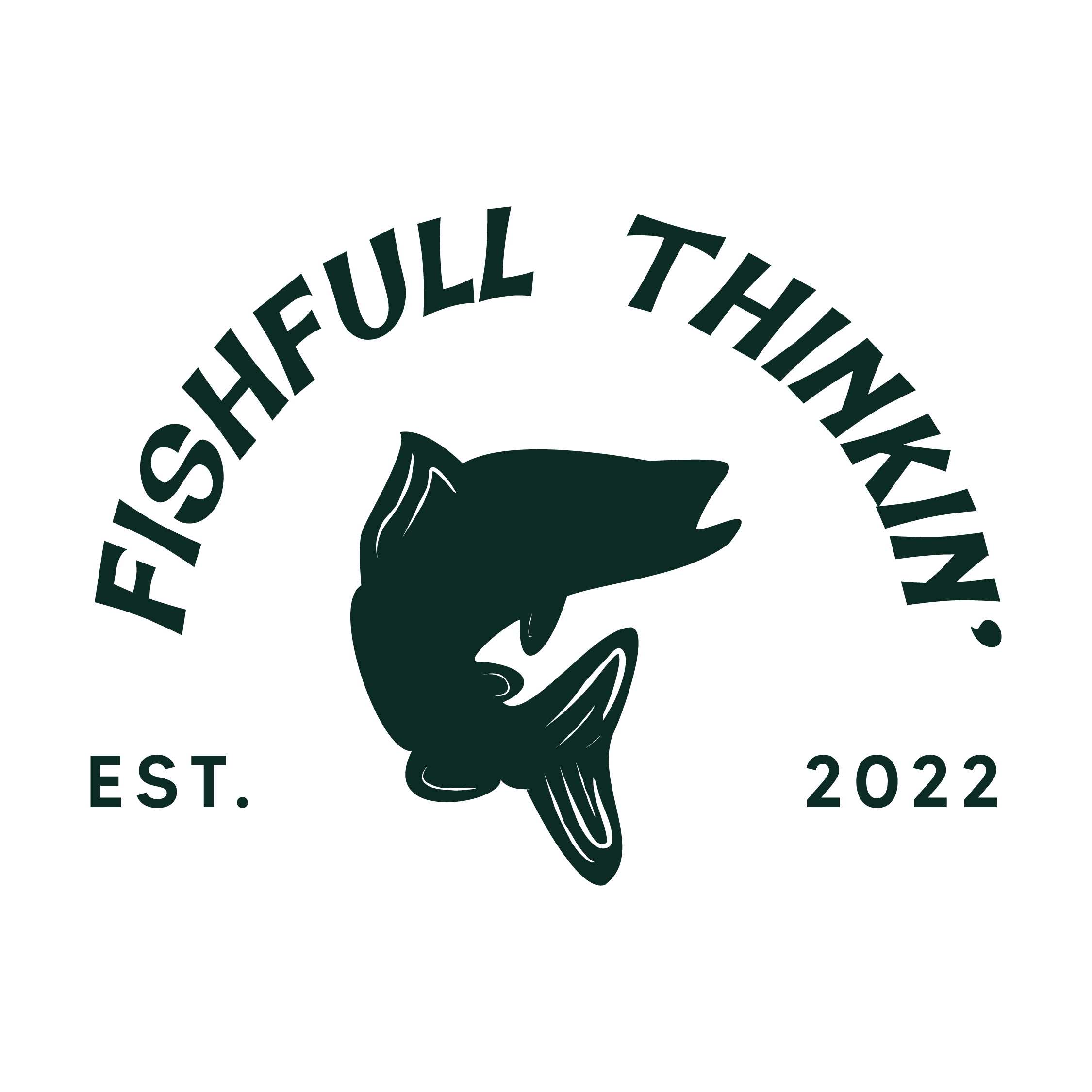 Logo with a fish and the text 'Fishfull Thinking' around it, established in 2022.