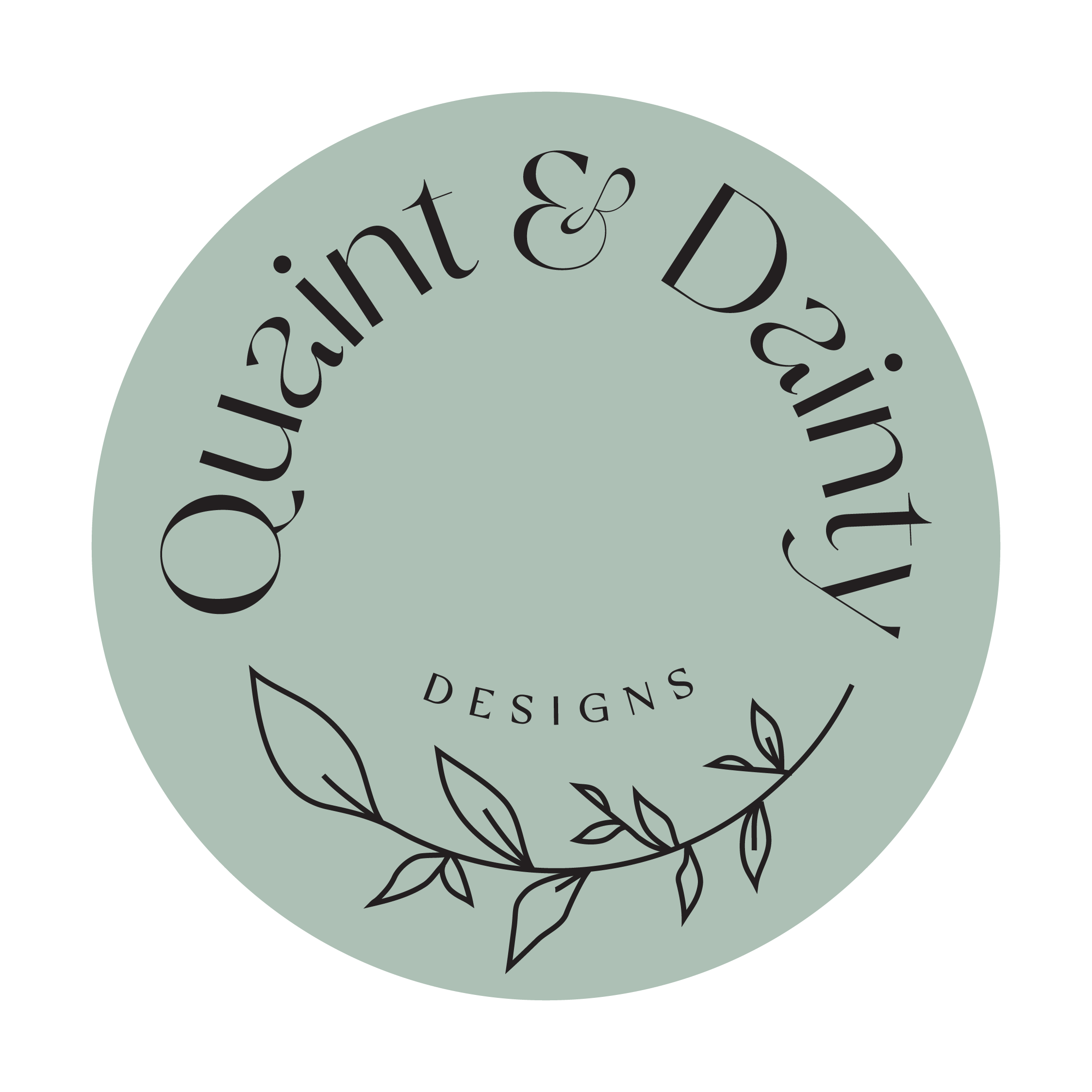 A circular logo for 'Of Quartz & Dainty Designs' with black cursive text on a soft green background, decorated with a simple line drawing of leaves.