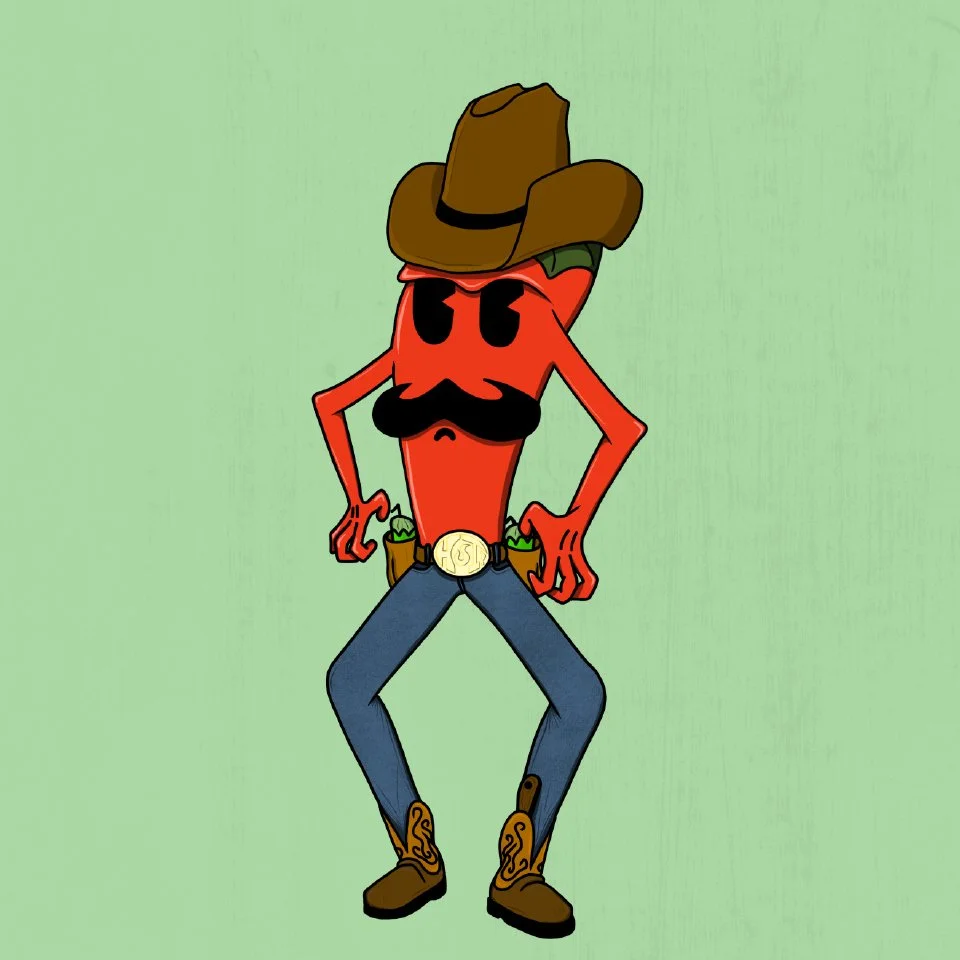 Cartoon chili pepper character dressed as a cowboy with hat, mustache, blue jeans, and boots on a green background.