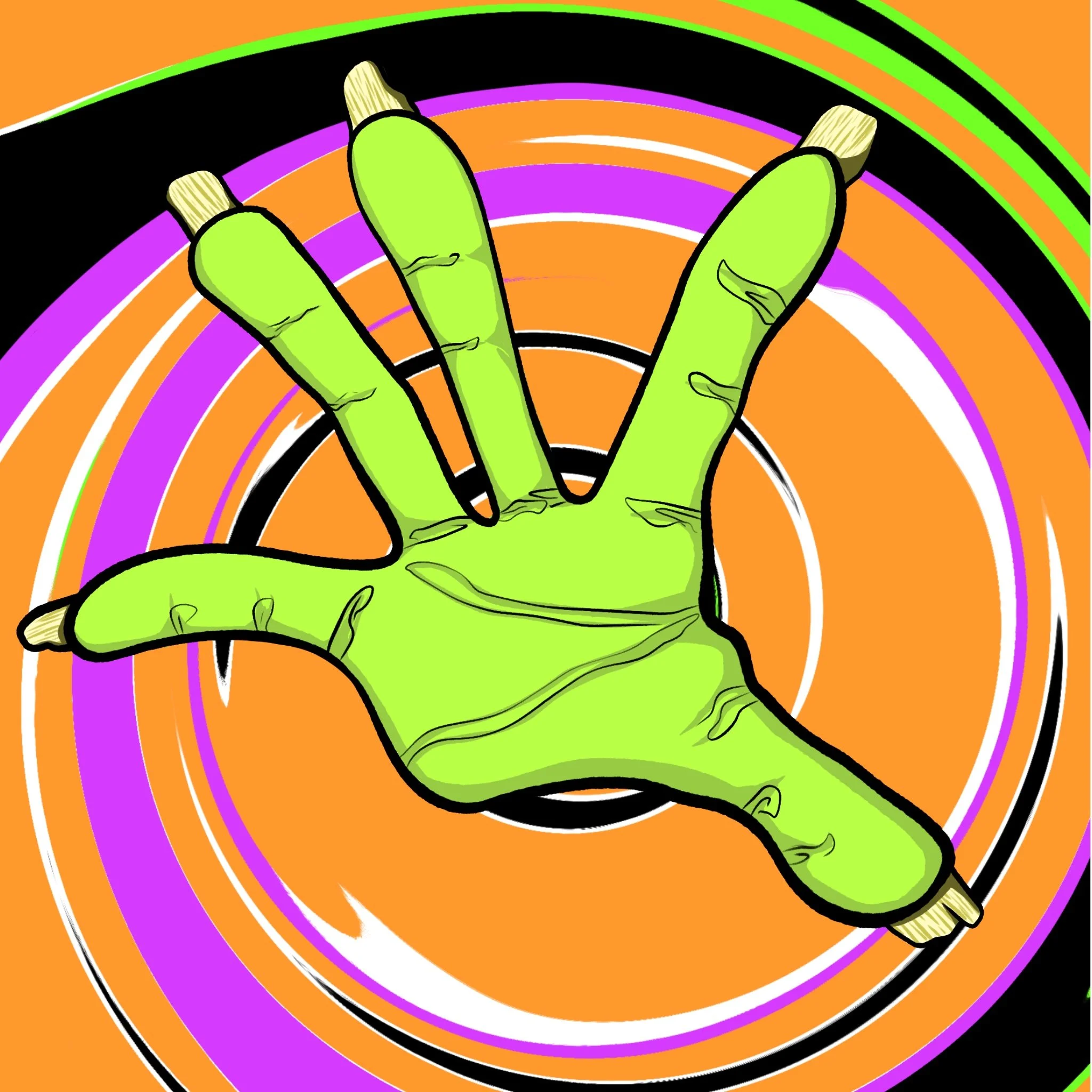 Cartoon green zombie hand with fingers spread, against an orange and purple spiral background.