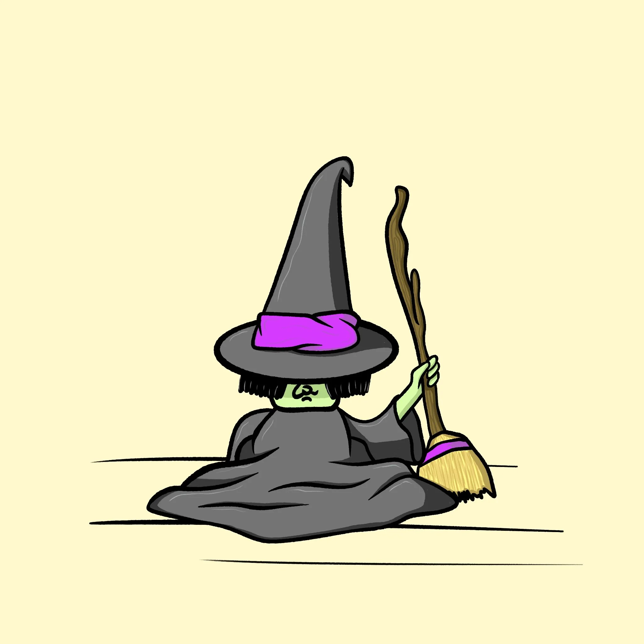 Cartoon witch with green skin, wearing a black hat and robe, holding a broom on a yellow background.
