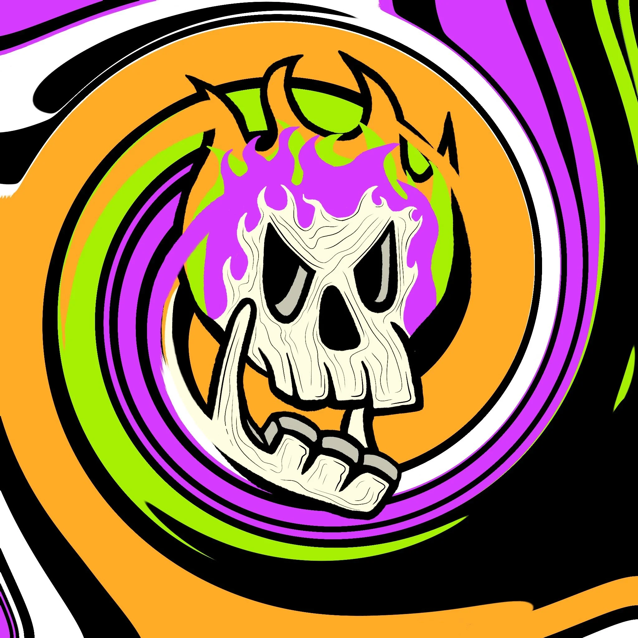 Illustration of a flaming skull with purple flames, sharp features, and vibrant swirling background in orange, green, and purple.