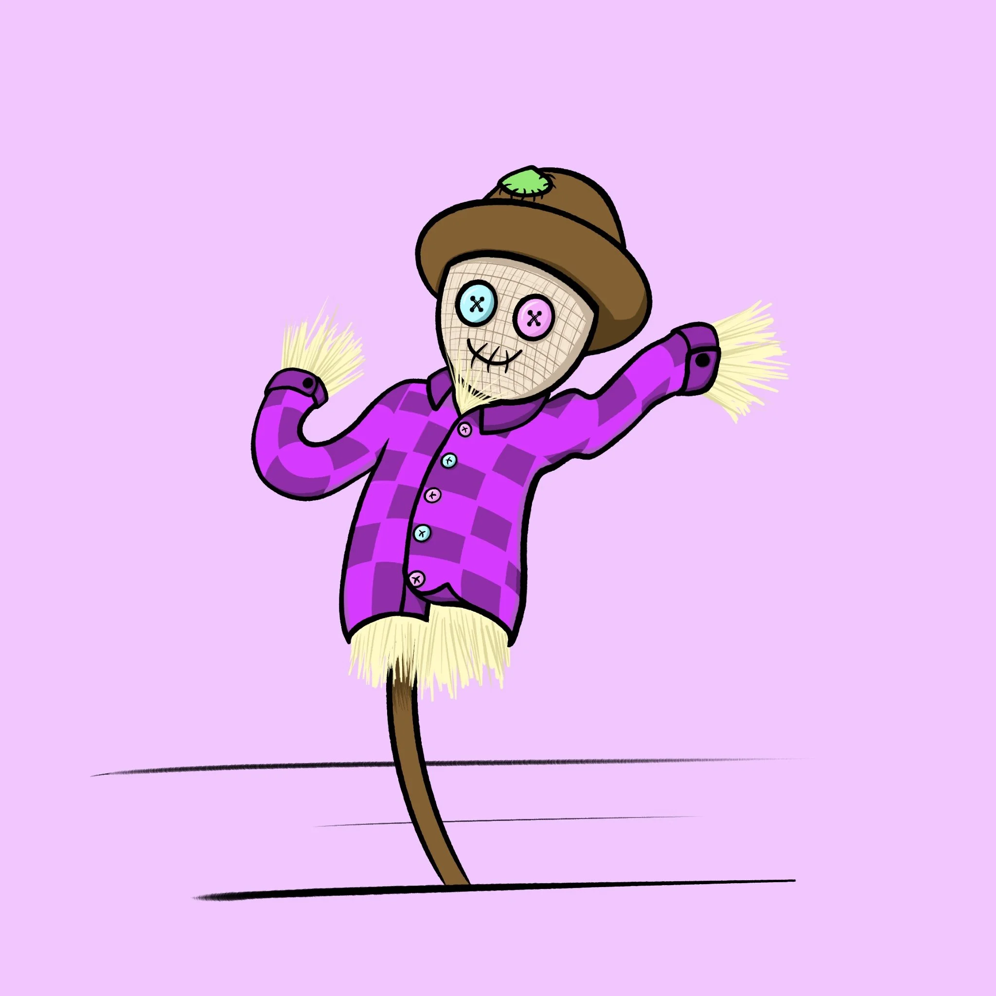 Cartoon scarecrow with button eyes, brown hat, and purple plaid shirt on a stick against a purple background.