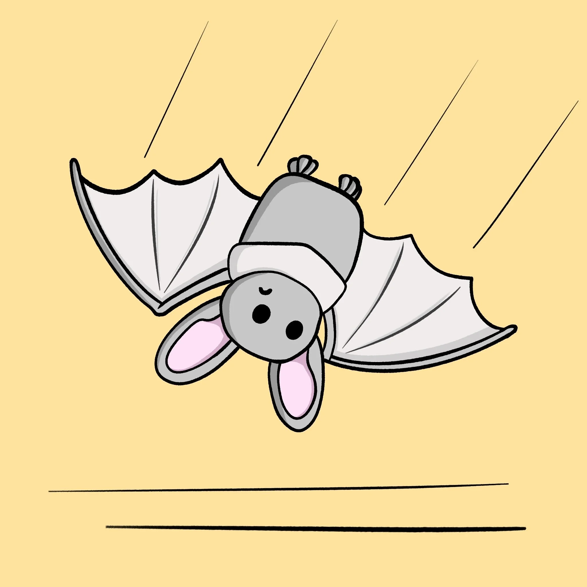 Cartoon bat flying upside down with a surprised expression on a light yellow background.