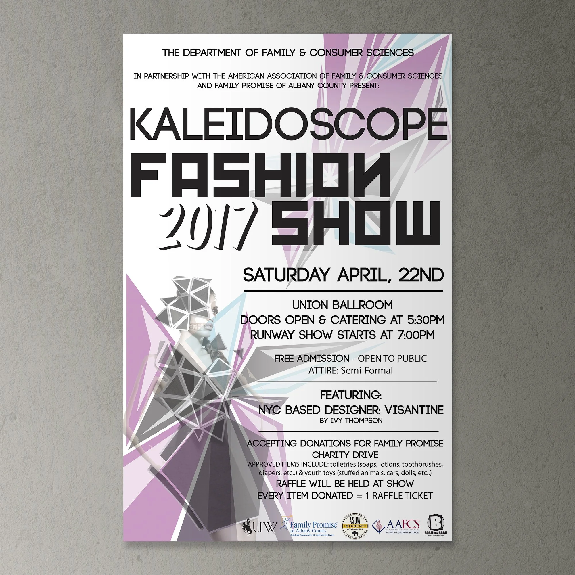 Kaleidoscope Fashion Show 2017 poster featuring event details, including date April 22nd, time, venue, and designer Visantine. Includes donation drive for Family Promise and raffle information.
