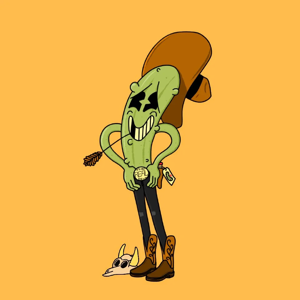 Cartoon cactus character dressed as a cowboy with a big hat, star-shaped sunglasses, a belt with a gold medallion, and brown boots, holding a toothpick in its mouth, on a yellow background.