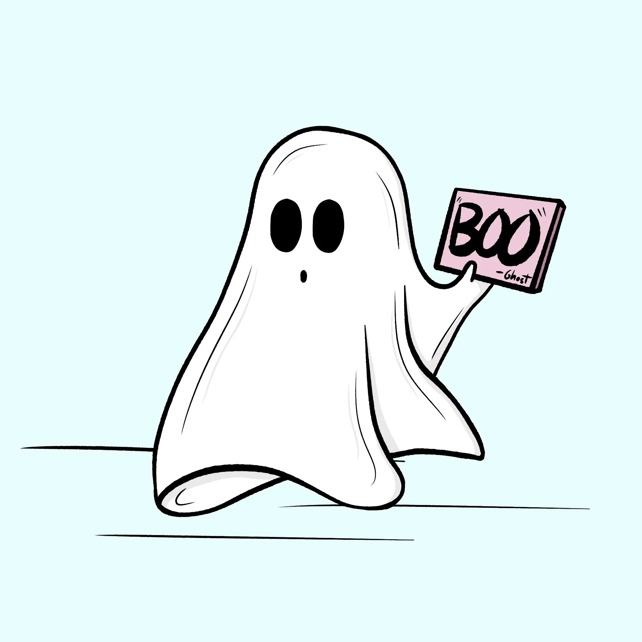 Cartoon ghost holding "BOO" sign