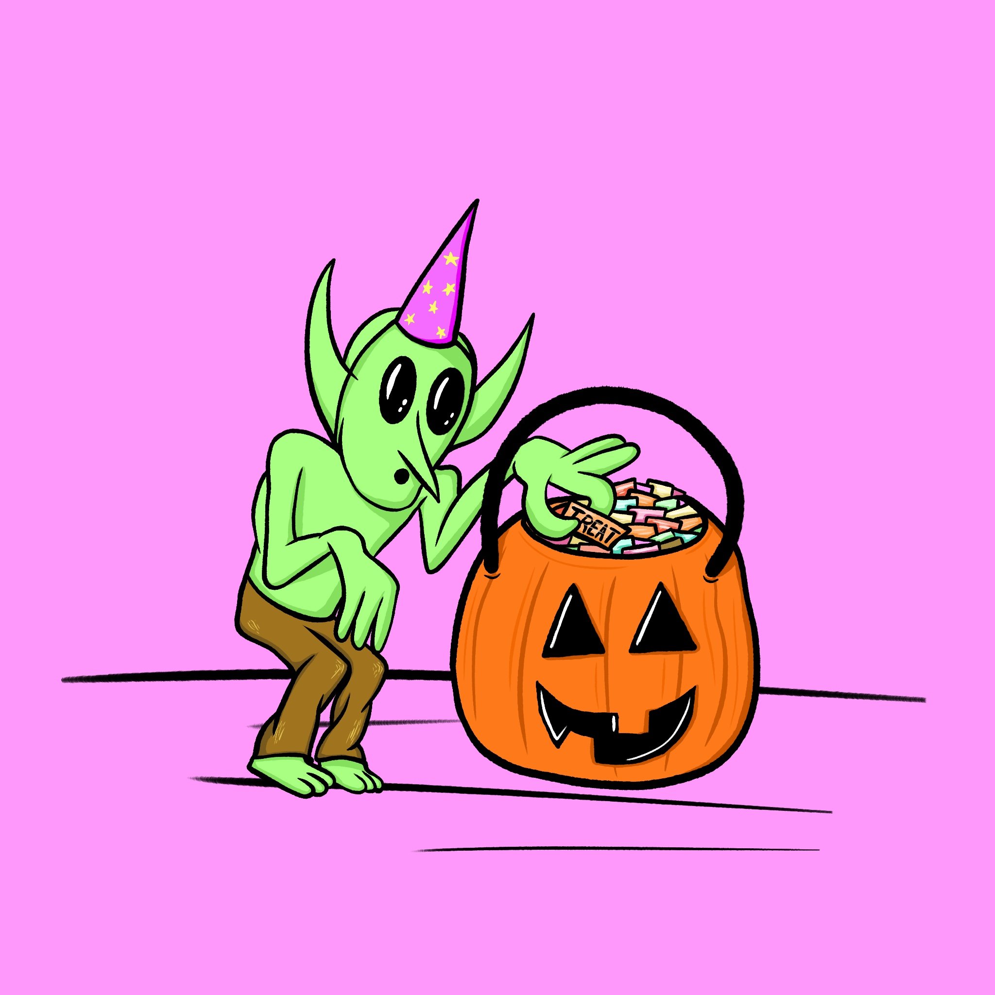 Cartoon alien with party hat and pumpkin bucket of treats on pink background