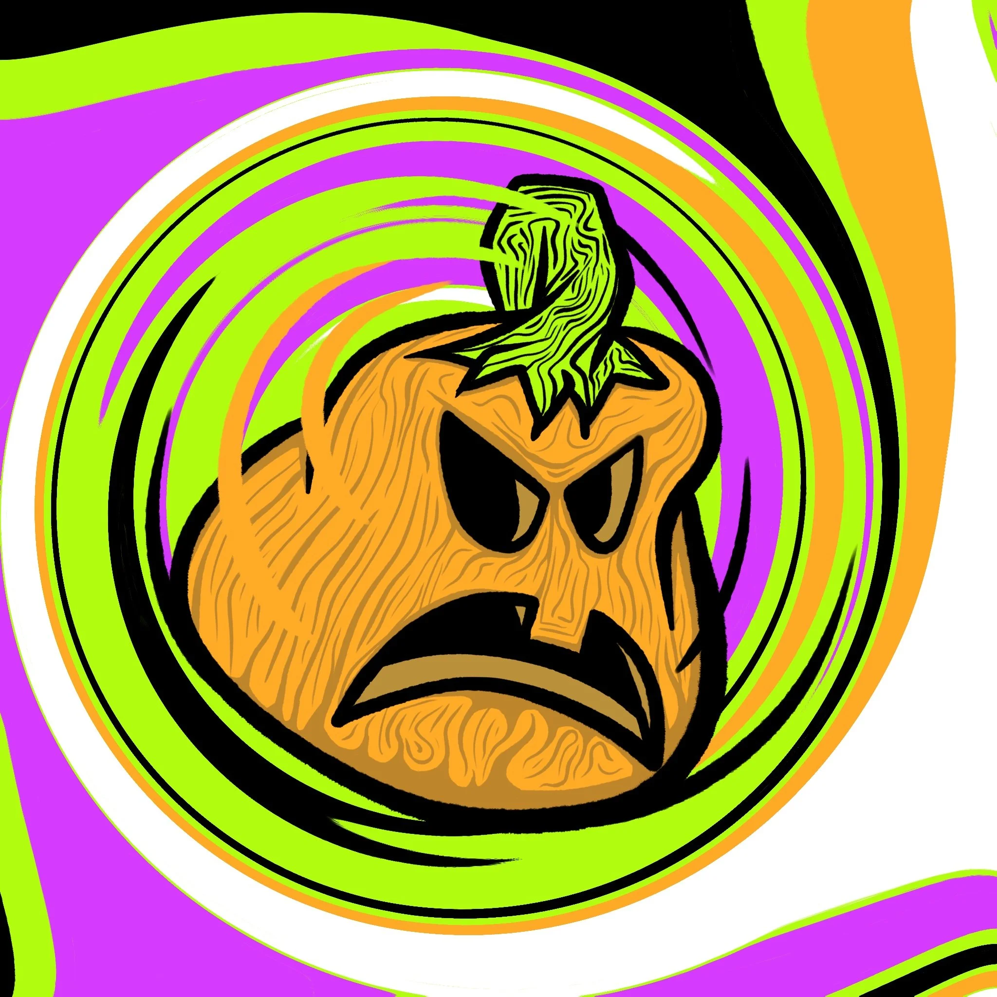 Abstract illustration of a stylized pumpkin with an angry face, featuring vibrant swirling colors including green, purple, orange, and black.