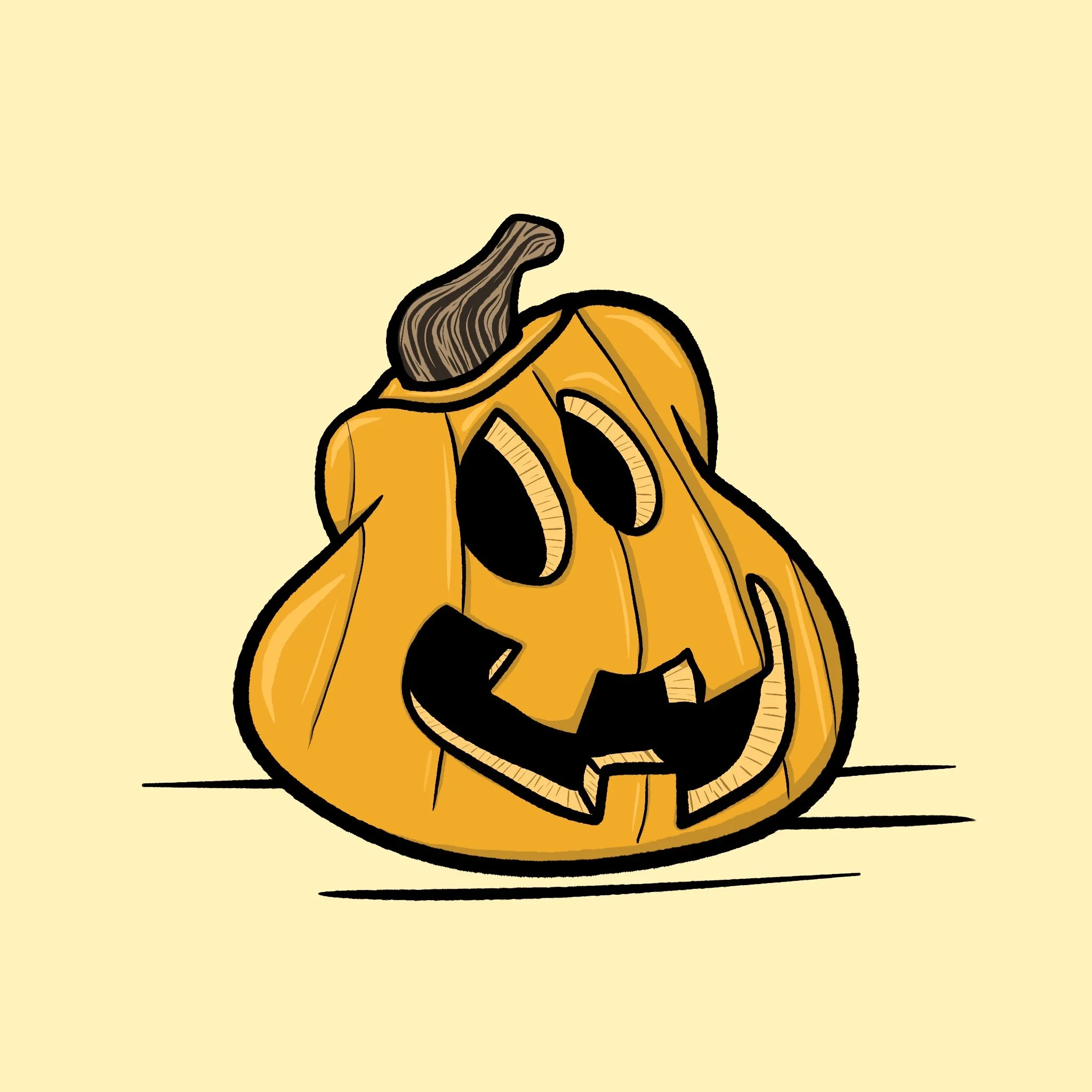 Illustration of a cartoon jack-o'-lantern with a smiling face on a yellow background.