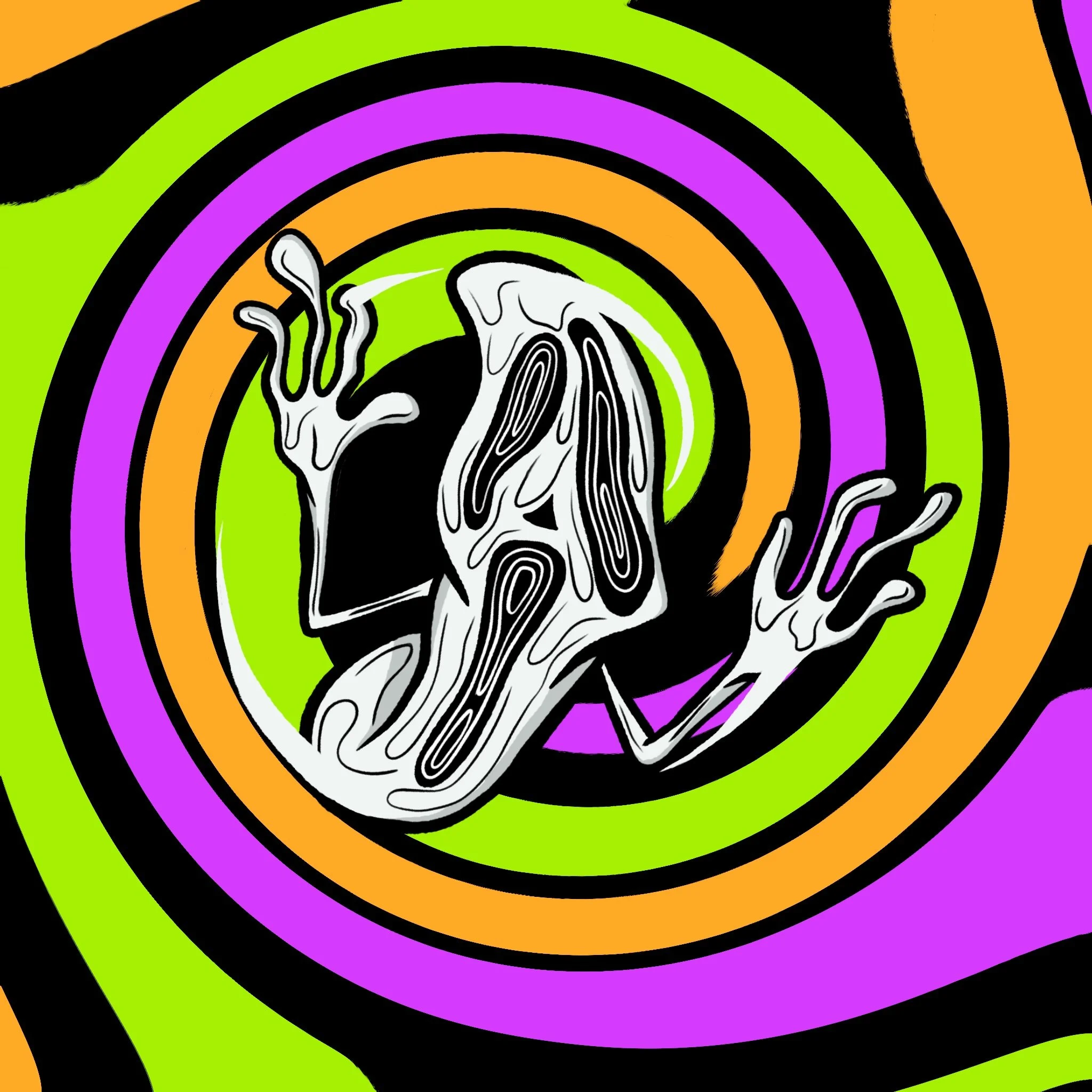 Abstract artwork featuring a distorted humanoid figure with elongated fingers emerging from colorful concentric spiral patterns in purple, green, orange, and black.