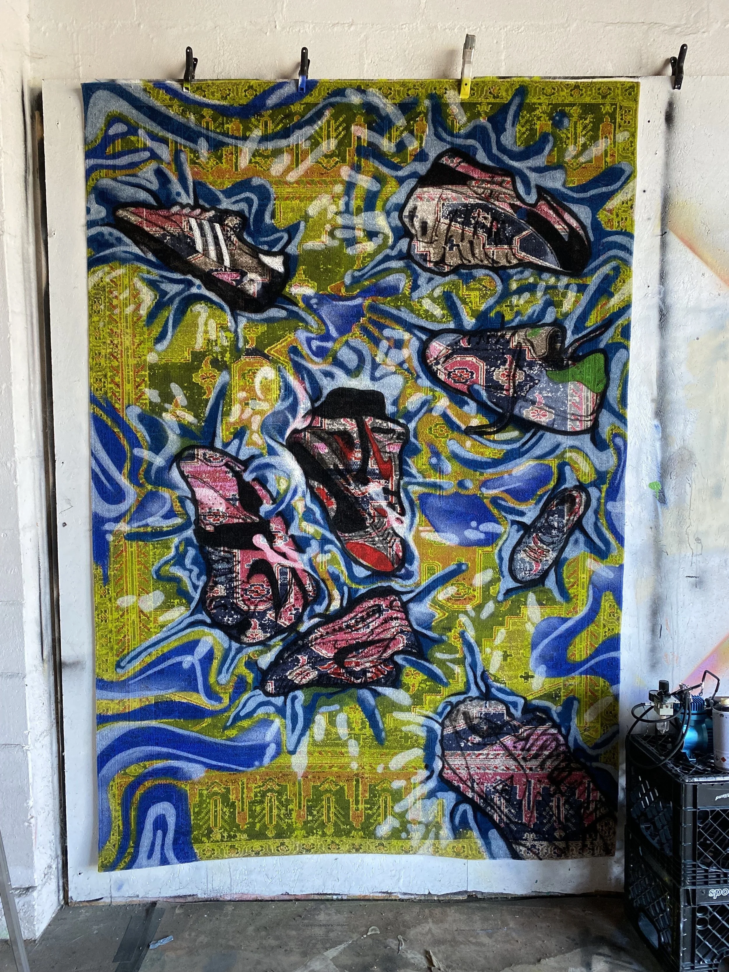 Sneakers on rug. Spray paint and airbrush. For The Tulsan Athletic Club, in Tulsa, Oklahoma. 2022