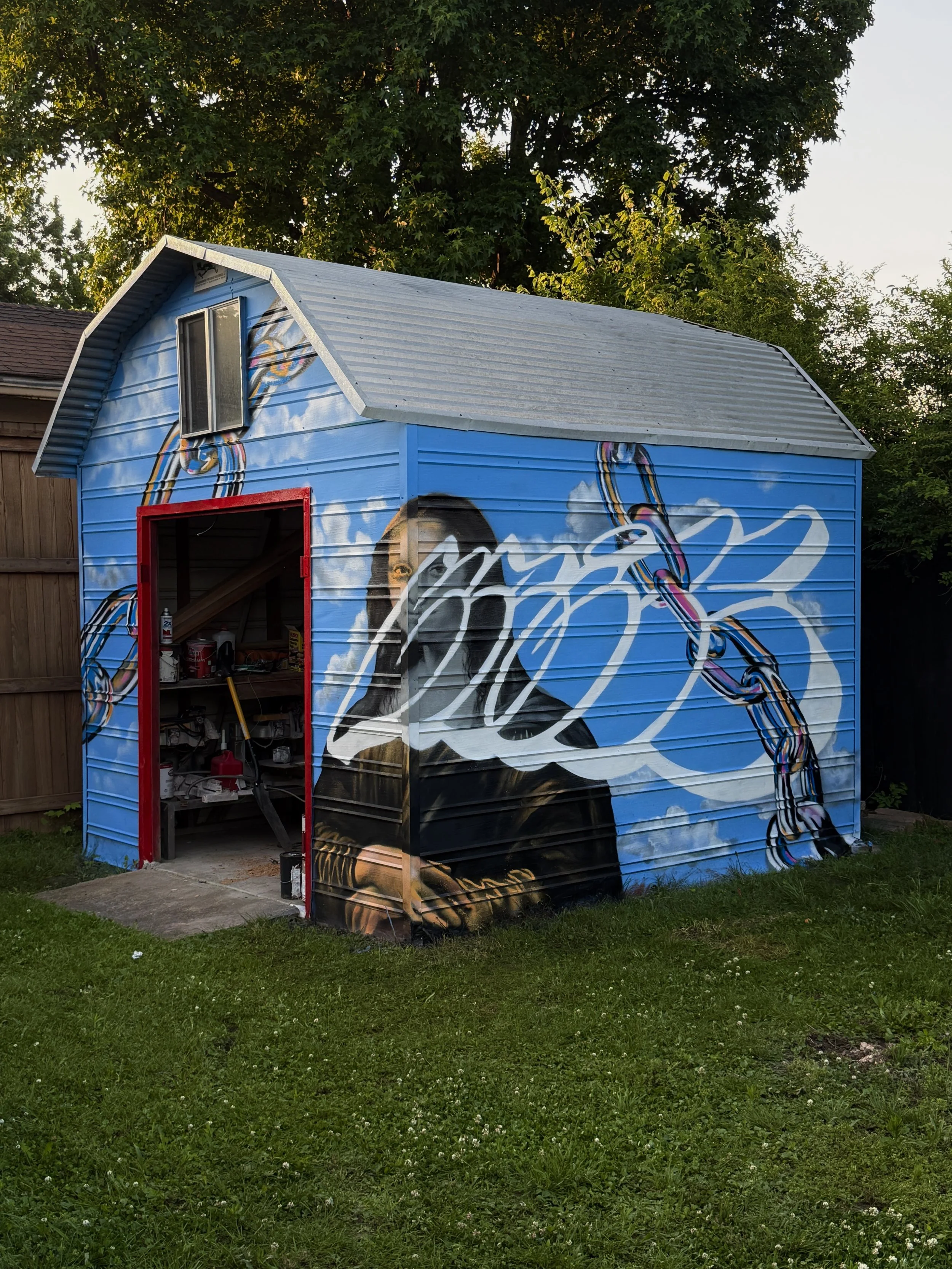 Created for Art House Tulsa’s Farewell Show, this perspective mural was designed to come together from one specific viewing point marked “Stand Here.” Featuring the Mona Lisa, chains, and a hollow throwie, the piece let me experiment with illusion an