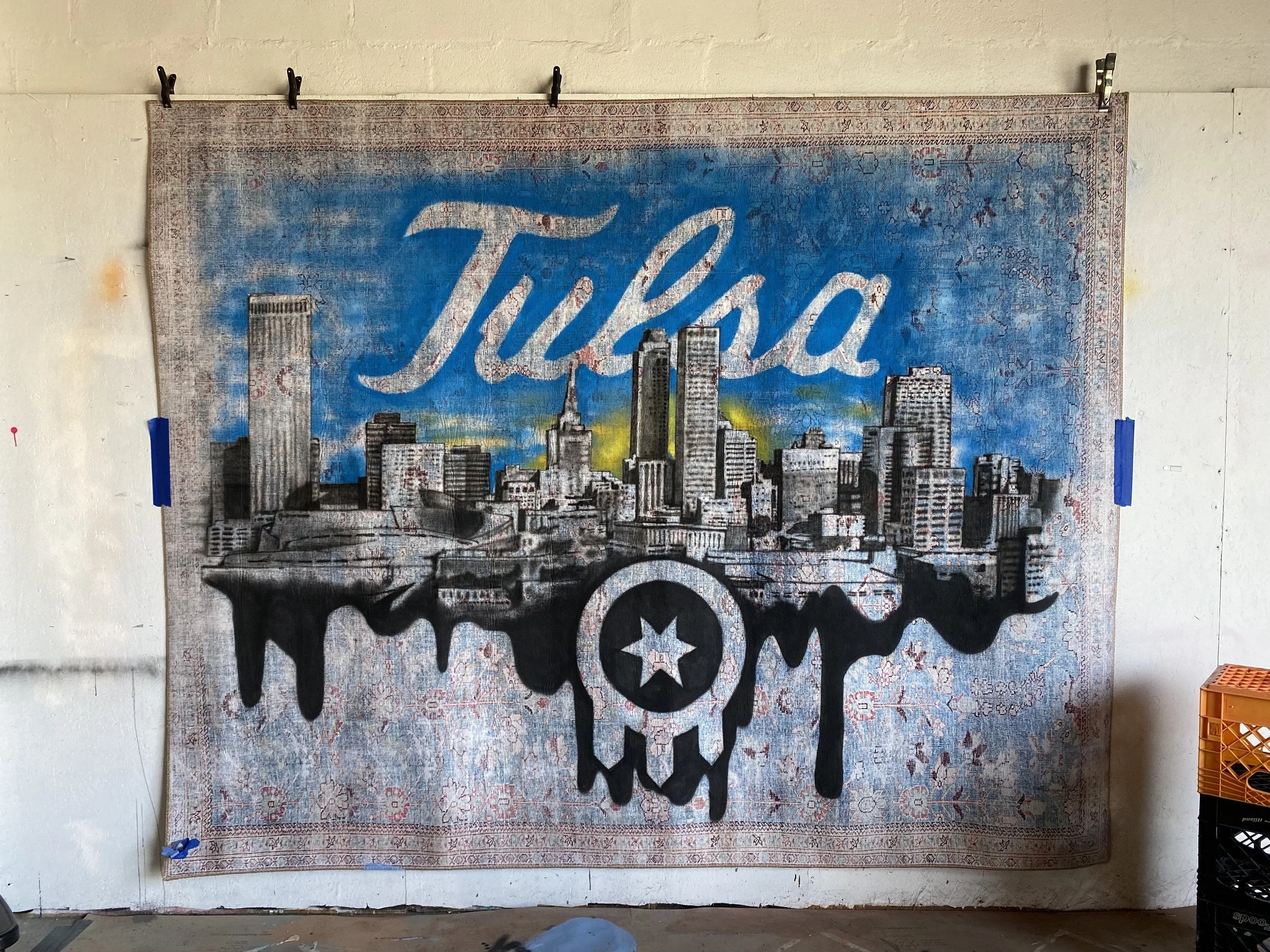 Tulsa Skyline. Spray paint and airbrush. For The Tulsan Athletic Club, in Tulsa, Oklahoma. 2022