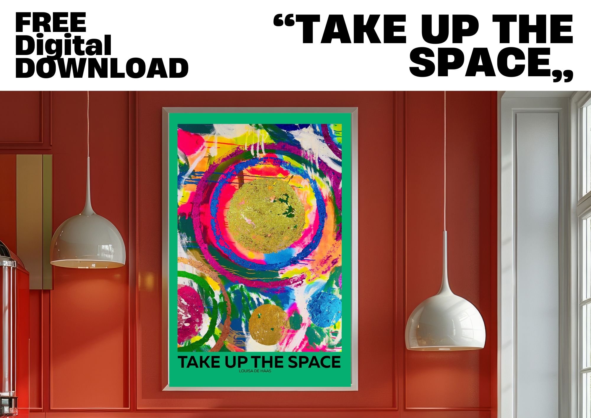 a burnt orange wood paneled interior wall with mid century light fittings and a bright green art poster with quote on the wall