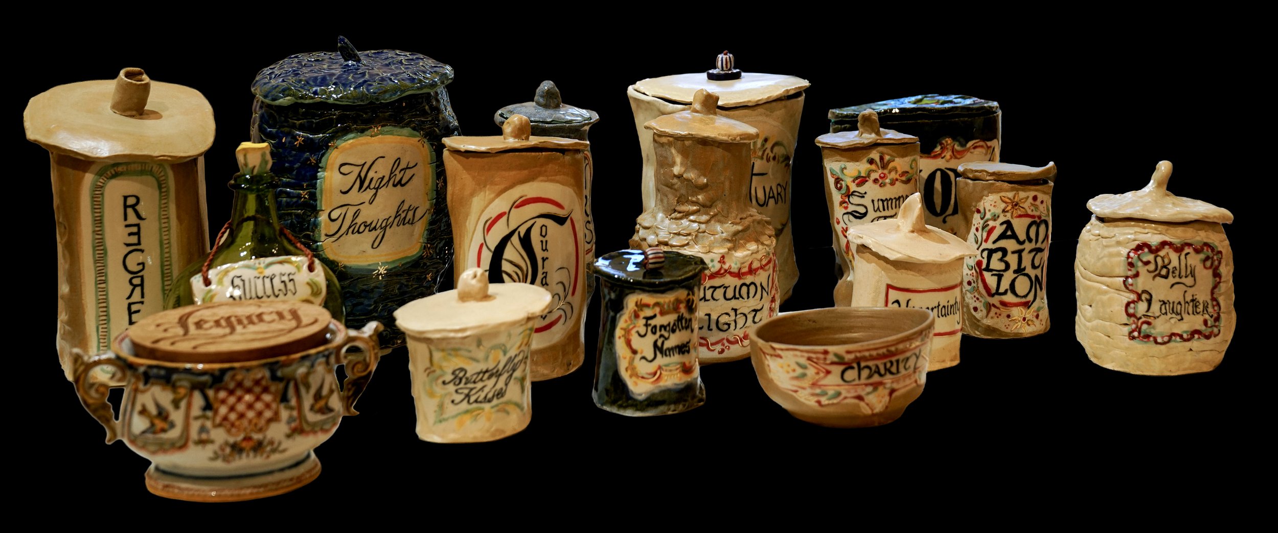 The Healing Game (Apothecary for the Apocalypse), 2026. Ceramic jars with gold luster, 10" × 47" × 14".