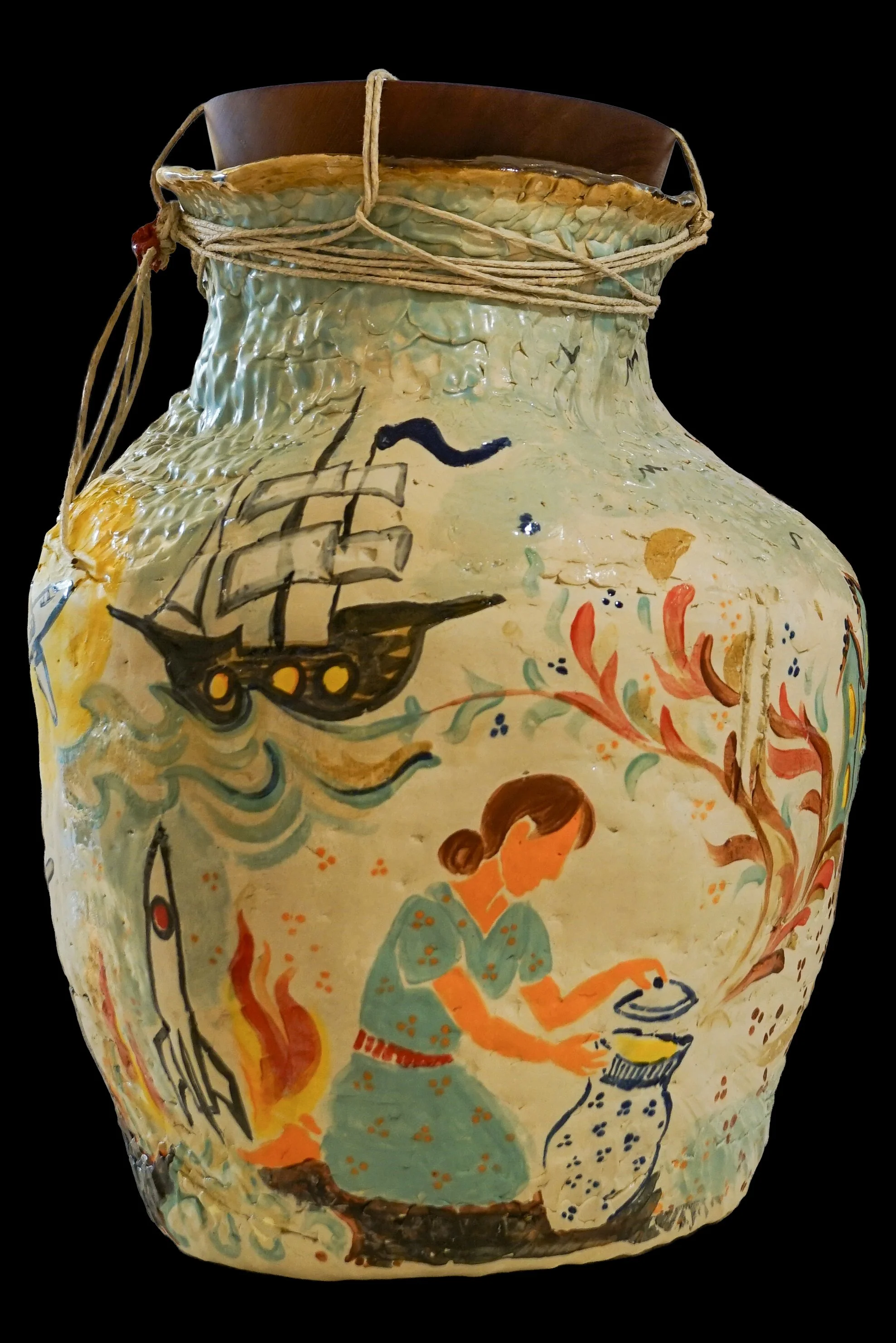 The Gift (Pandora’s Jar), 2026. Painted ceramic jar with engraved wooden stopper, 16" × 18" × 22".