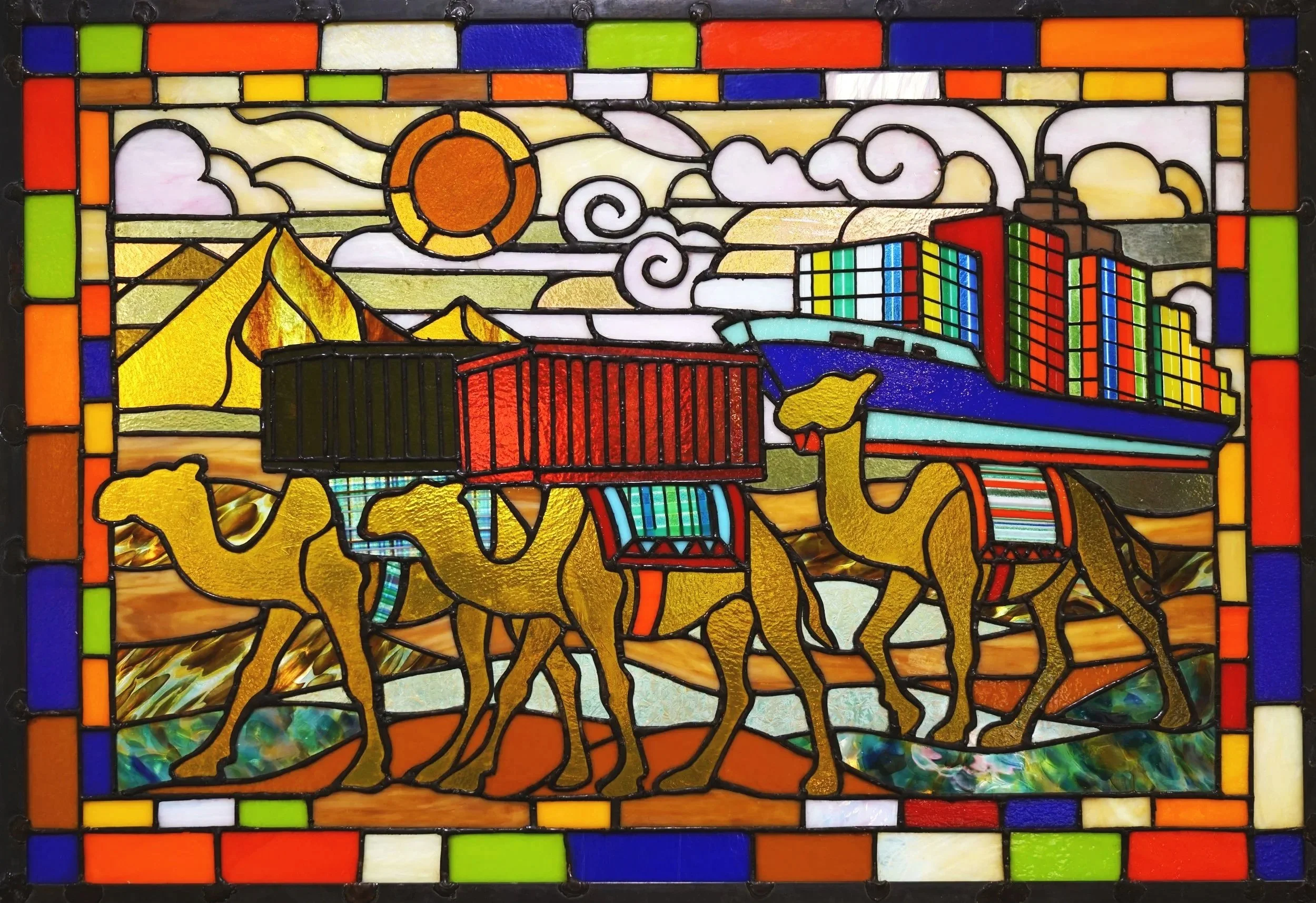 Silk Road, 2026. Stained glass with copper foil and solder, 24" × 30".