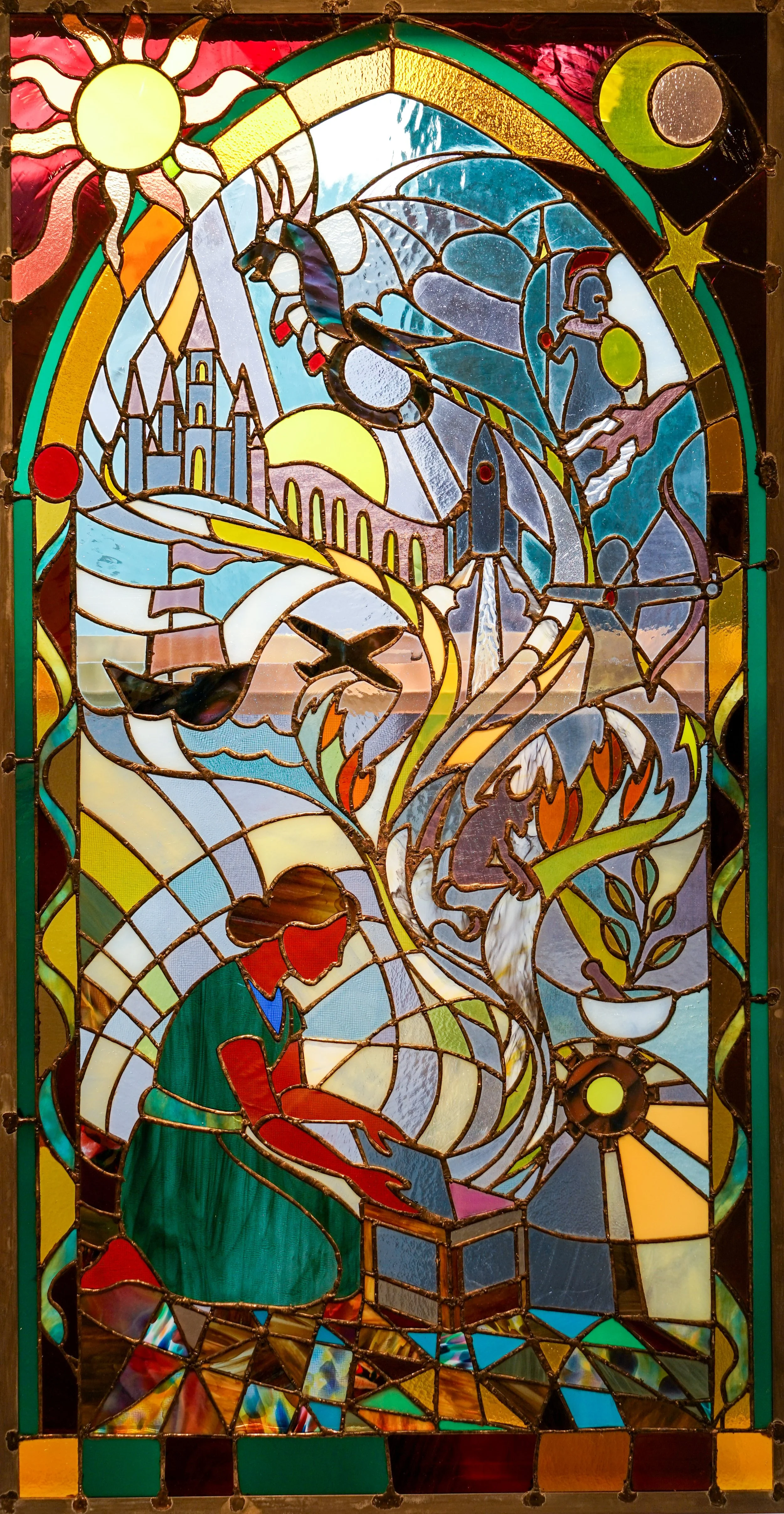 Pandora, 2026. Stained glass with copper foil and solder, 28" × 48".