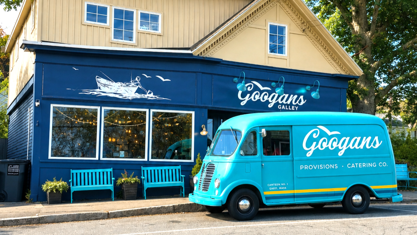 A bright teal International Harvester Van in front of a cafe both branded with the Googans logo with teal benches.