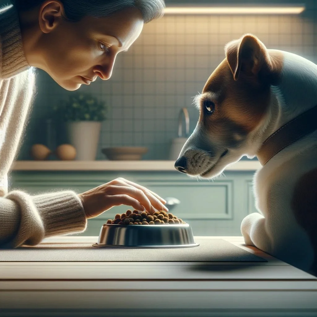 A concerned owner offering food to a hesitant dog in a calm, soothing kitchen setting.