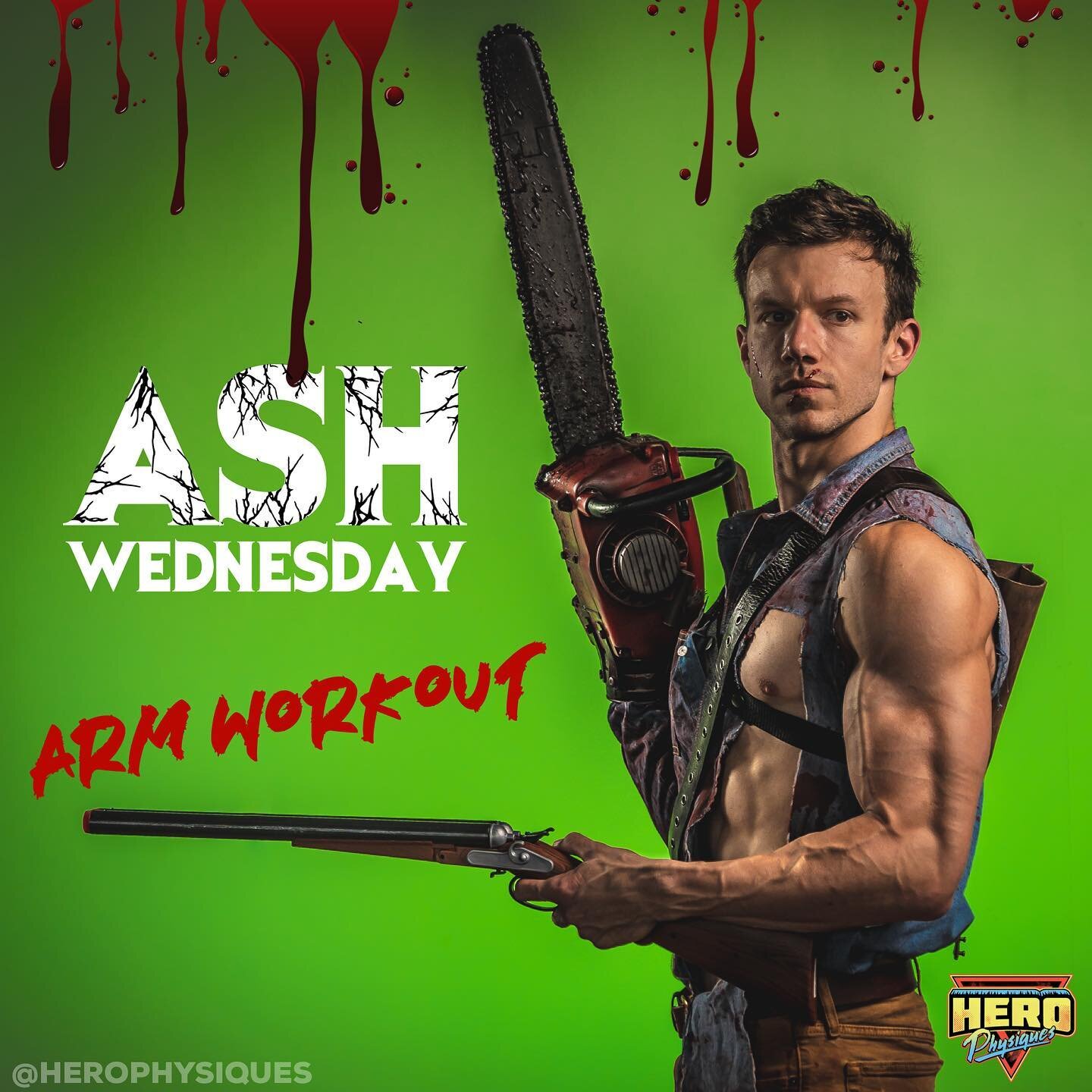 The REAL Ash Wednesday, amirite?!
.
Here&rsquo;s one of the arm workouts that I had in one of my mesocycles leading up to this shoot a few years ago. Enjoy!
.
📸 by @hero.fit
Chainsaw by @nickssawmart
.
.
.
.
#AshWednesday #AshWilliams #HeroPhysiques