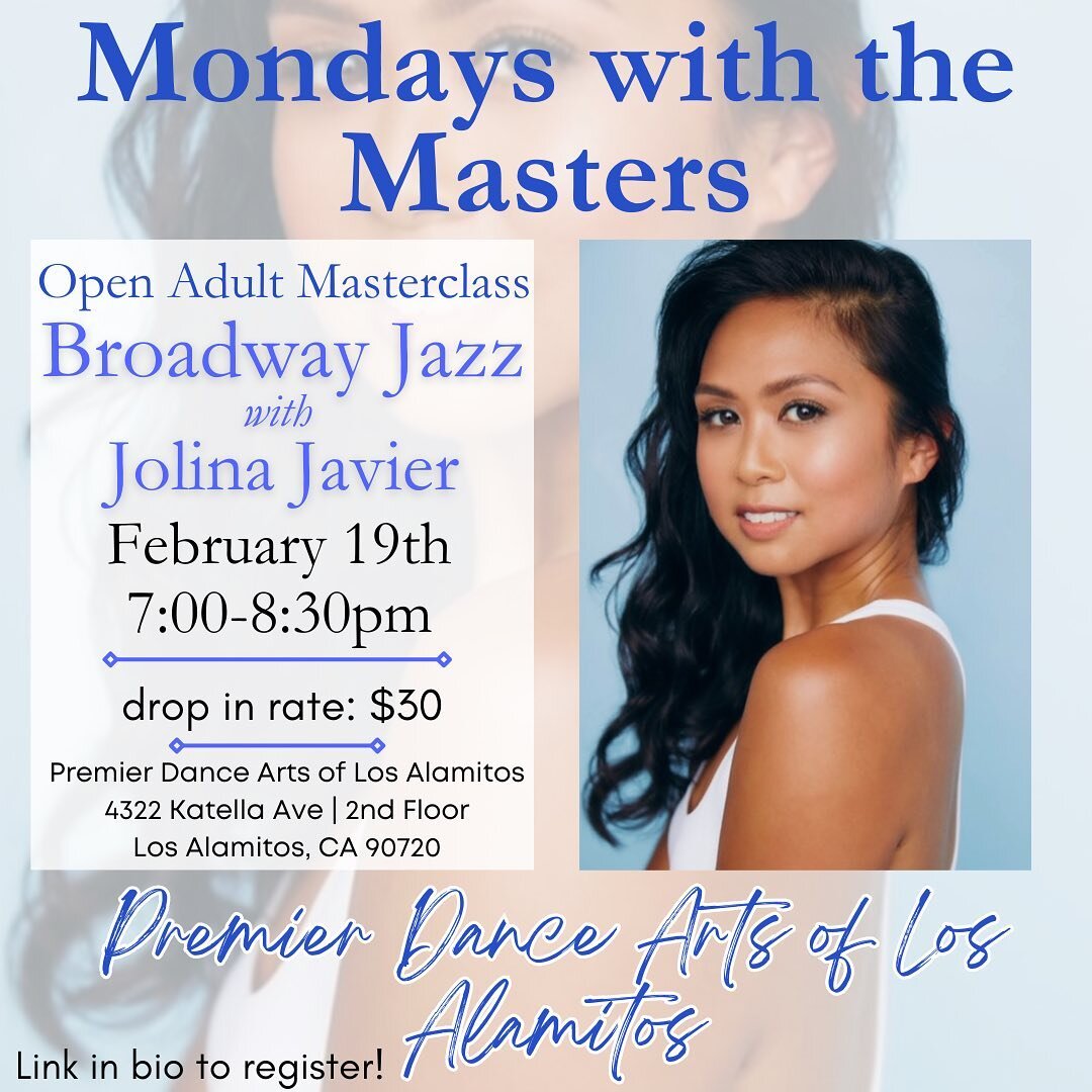 ||✨Broadway Jazz with Jolina Javier✨||

We are so excited for this upcoming masterclass! Jolina Javier is a Broadway actress who is currently touring with Lion King. We are so lucky that she was able to fit us into her busy schedule to teach us some 