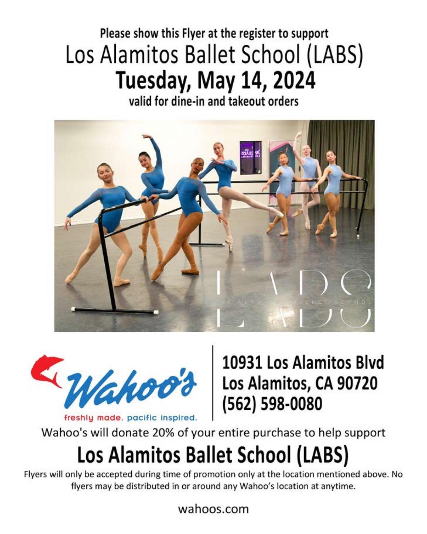 ||✨Wahoo&rsquo;s Fundraiser✨||

Tuesday, May 14th!

Help support LABS and our upcoming performance of LABS Presents the Classics by heading down to Wahoo&rsquo;s on Tuesday May 14th! All you have to do is bring in our LABS Wahoo&rsquo;s flyer and sho