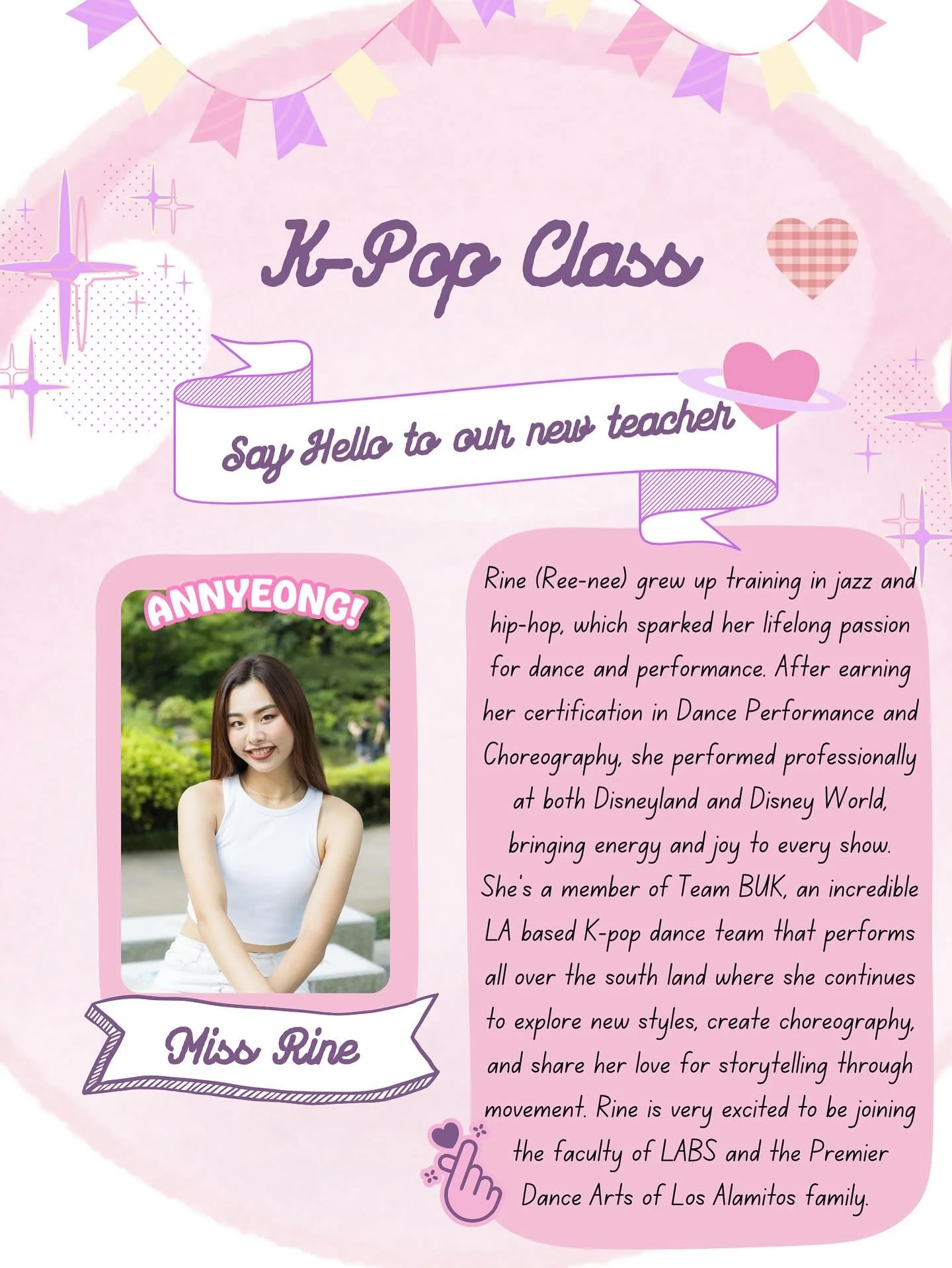 Hello K-Pop dancers and families✨, 

We&rsquo;re excited to announce a new intermediate K-Pop class starting Friday, November 14th! 
🕒Class Time: Fridays from 4:30-5:30 PM

Please note: due to the addition of this class, we&rsquo;ll be making small 