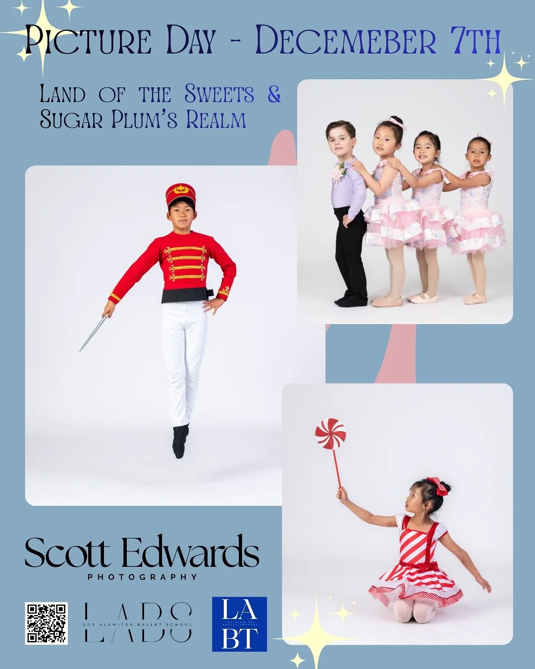 📸✨ It&rsquo;s time to capture the magic!
All Land of the Sweets and Sugar Plum&rsquo;s Realm dancers are invited to join us for Winter Photo Day on Sunday, December 7th!
We&rsquo;re so excited to welcome back Scott Edwards Photography, who will once