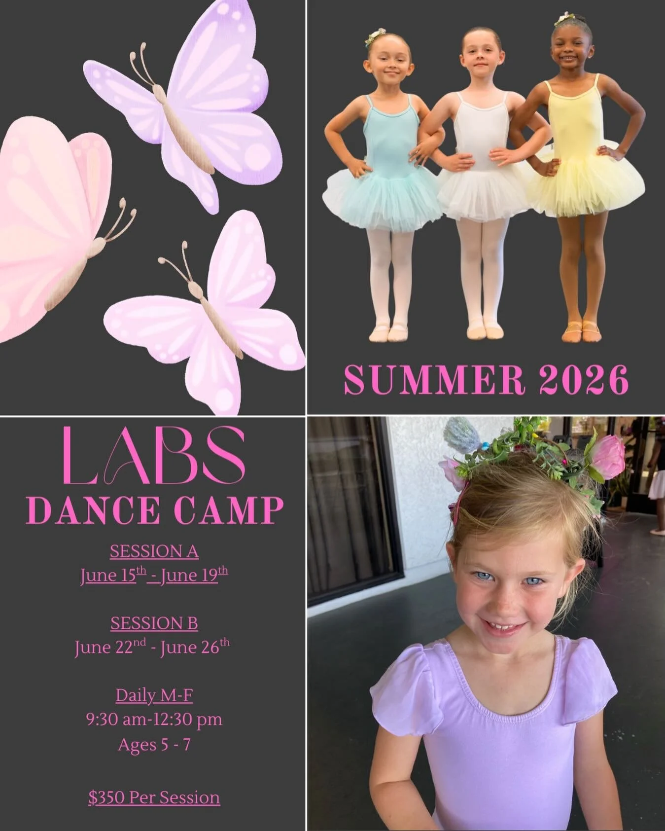 🦋SUMMER 2026 | LABS DANCE CAMP🩰

Let your little dancer flutter into summer with us!
LABS Dance Camp is designed for young dancers ages 5&ndash;7 to explore ballet fundamentals, creativity, and confidence in a nurturing and inspiring environment. I