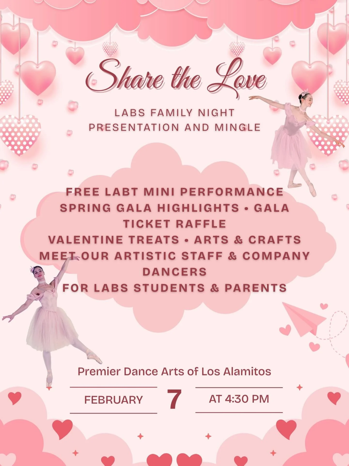Join us for a special Valentine Celebration with Los Alamitos Ballet Theatre 🩰 🤍 LABS students and parents, as well as Premier Dance Arts friends and families are invited to enjoy a free mini performance featuring highlights from our upcoming Sprin