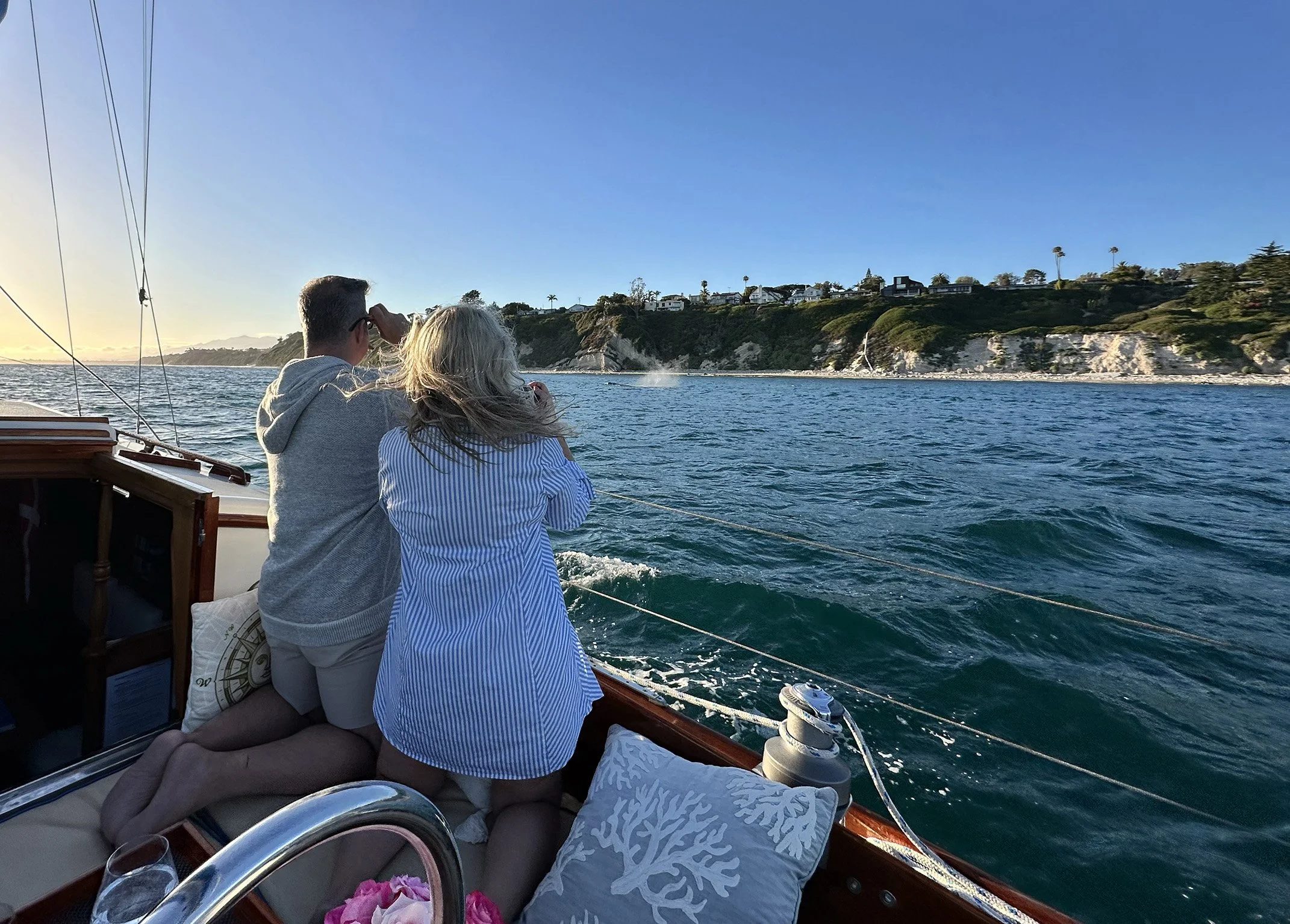 Guests aboard Yacht Kelpie watch a distant whale blow during a private sailing charter in Santa Barbara.