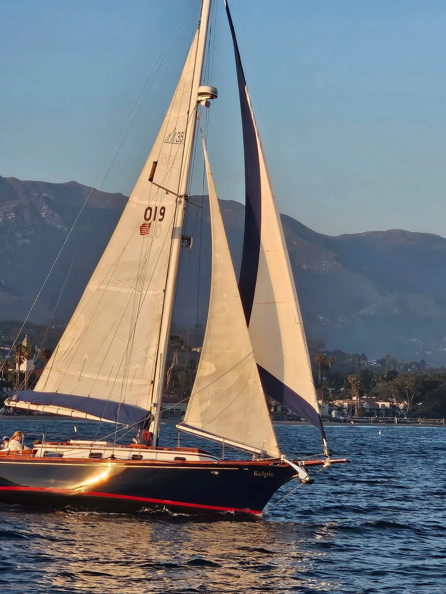 Yacht Kelpie under sail on a private fall sailing charter along the Santa Barbara coast.