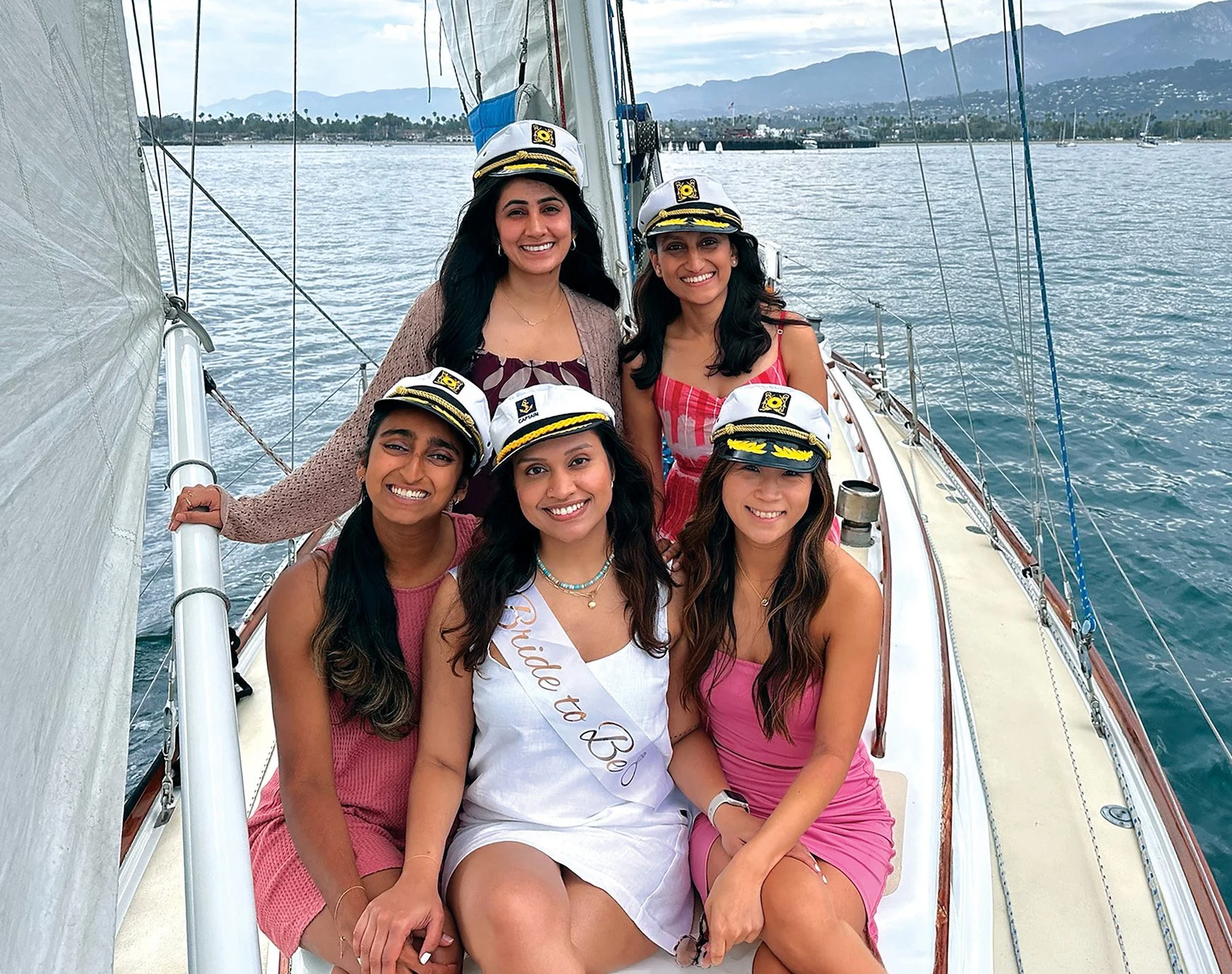 Bride-to-be and friends celebrating aboard Kelpie on a private sailing charter in Santa Barbara.