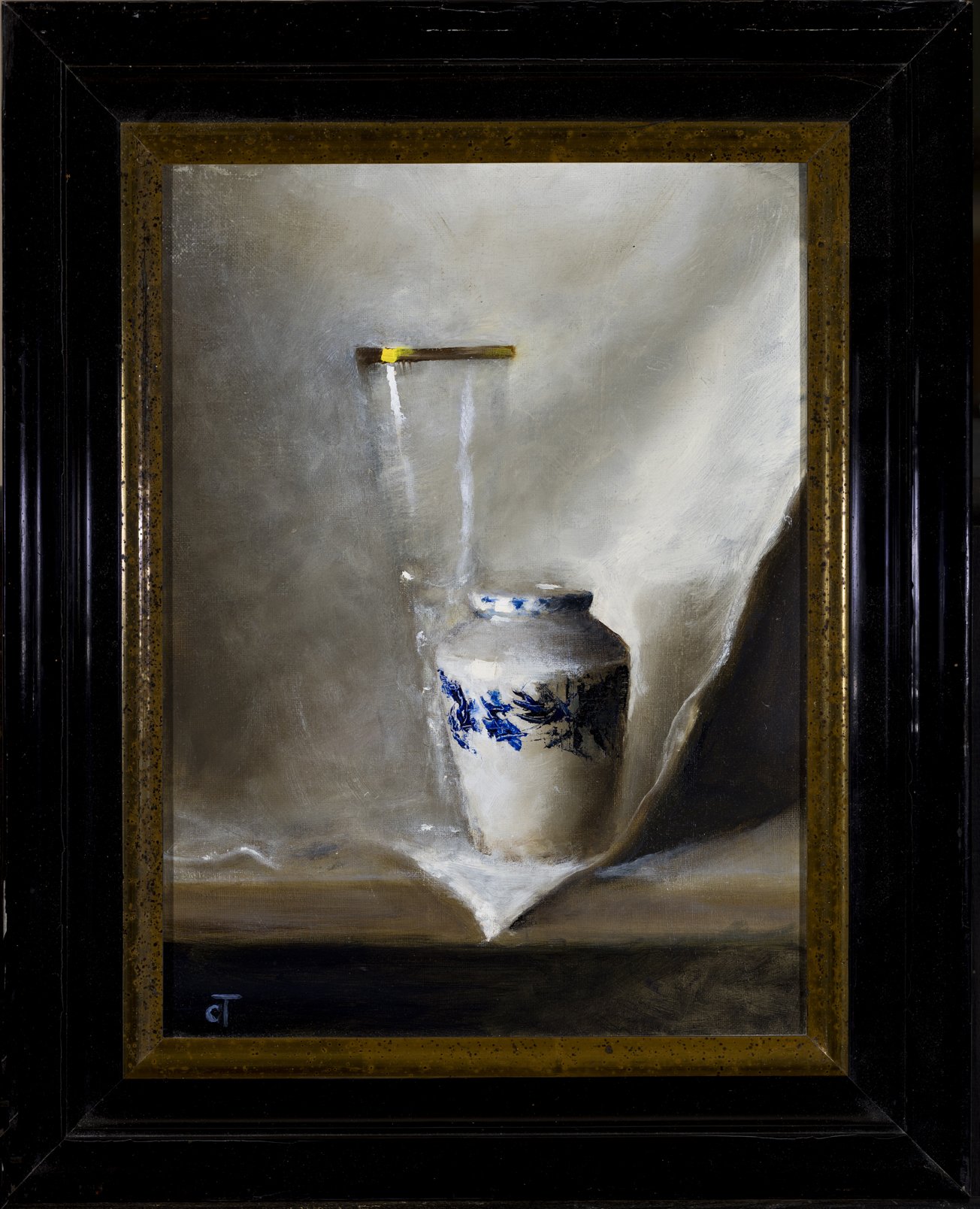 Still life with glass and blue and white vase