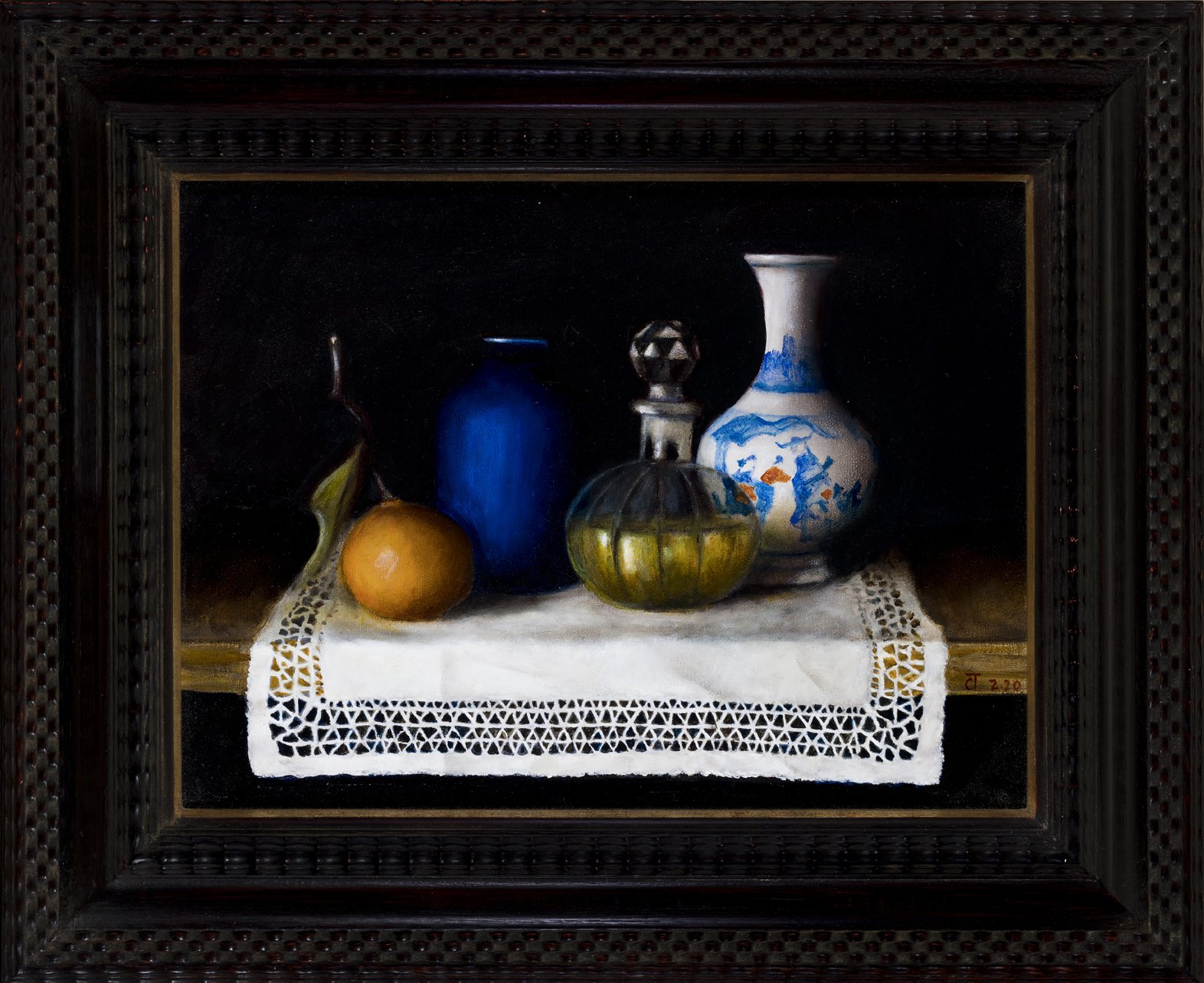 Still life with clementine and lacy cloth 30 cms x 40 cms, 