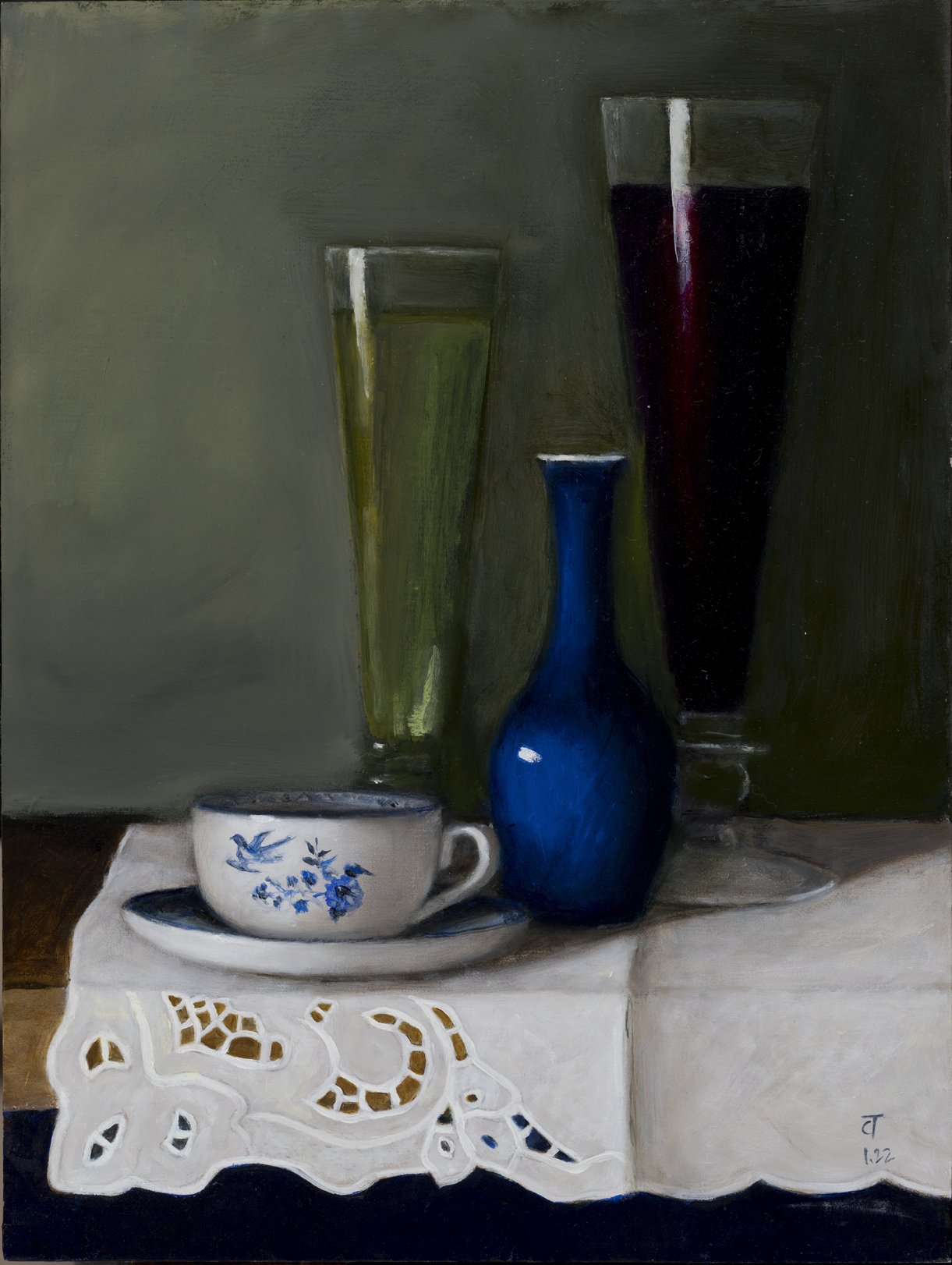 Still life with teacup and tall glasses