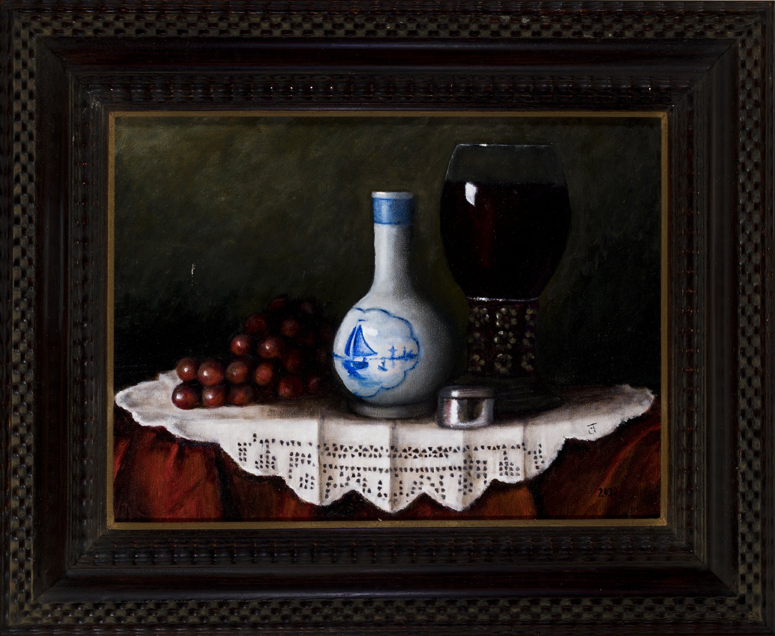 Still life with grapes linen and openwork cloth