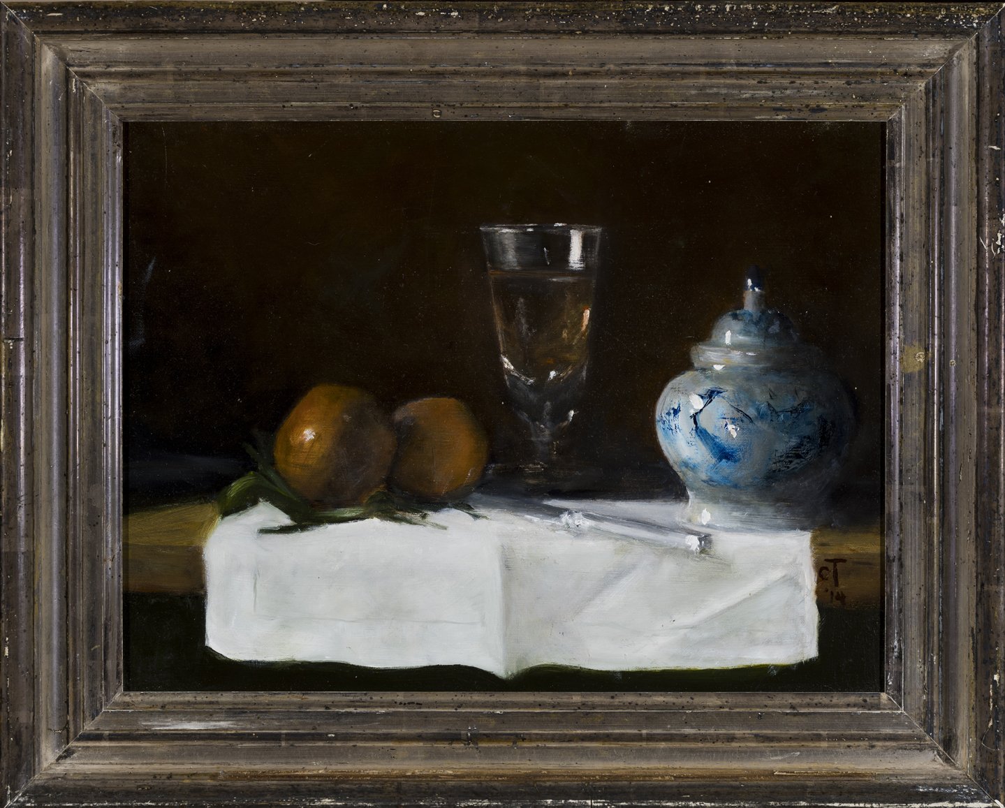Still life with persimmons and sparkling knife and ginned jar